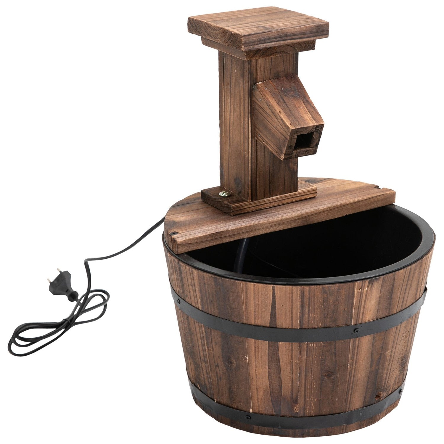 Trädgårdsfontän av träfat med metallaccenter, 27x37 cm