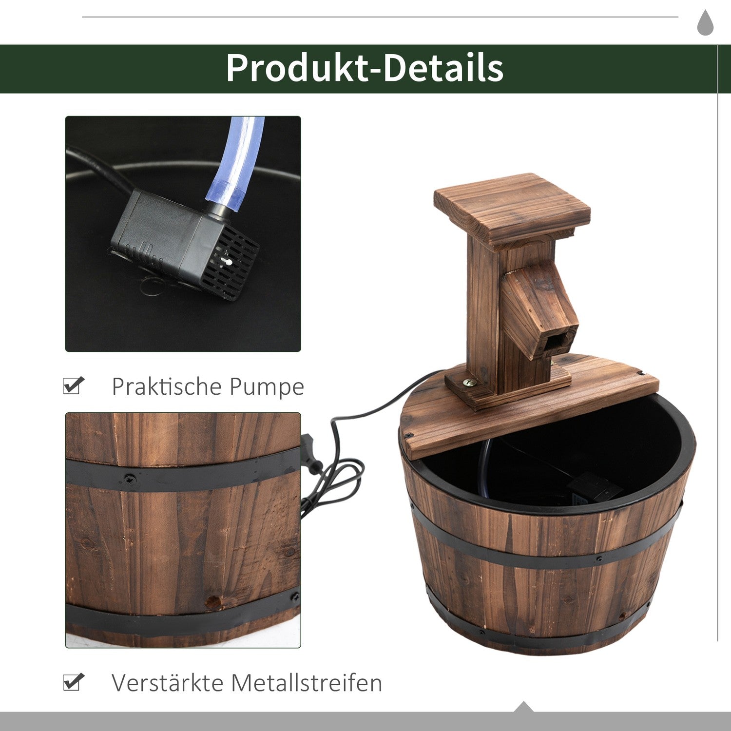 Trädgårdsfontän av träfat med metallaccenter, 27x37 cm