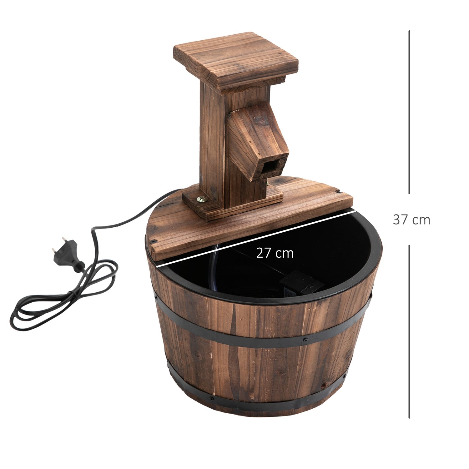Trädgårdsfontän av träfat med metallaccenter, 27x37 cm