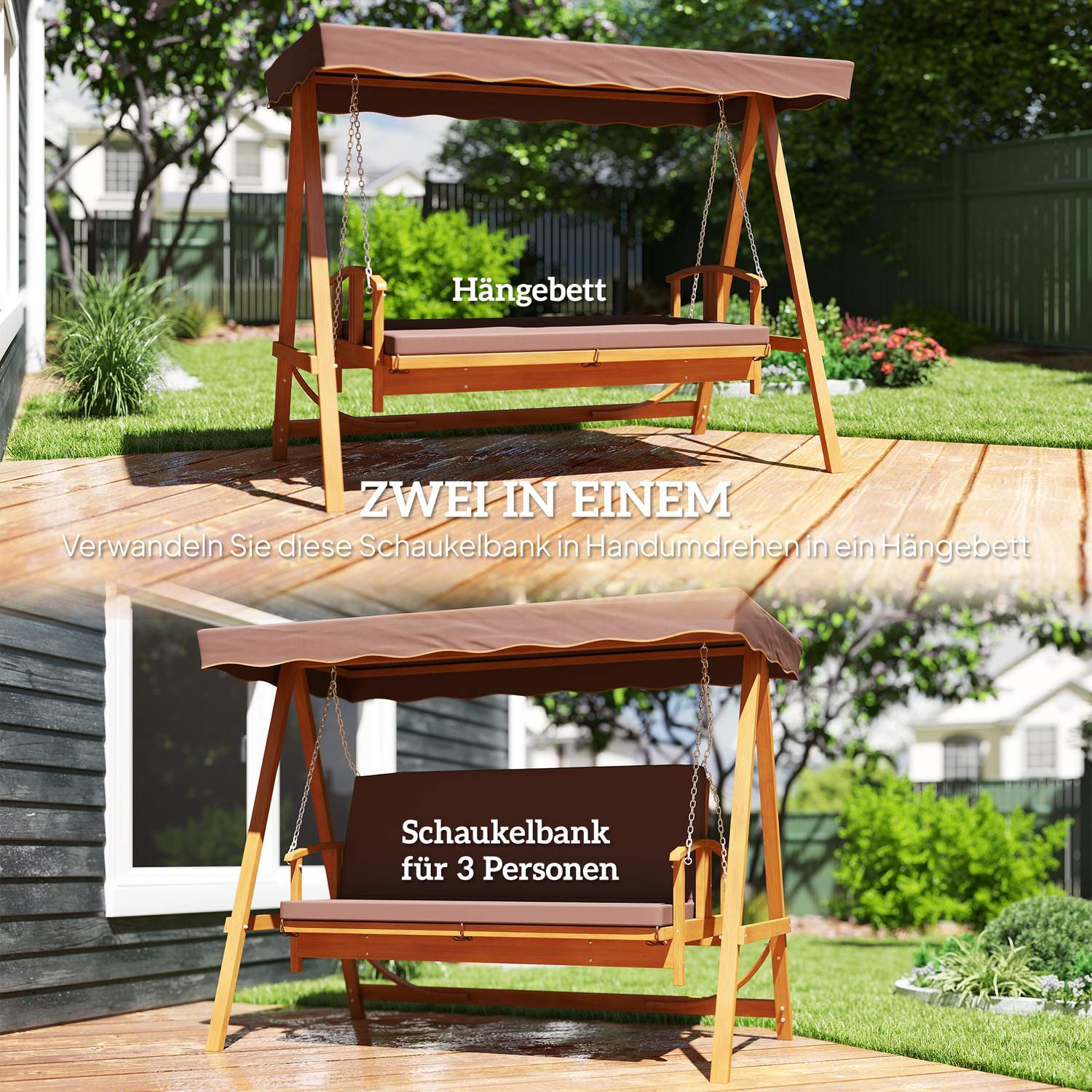 Trädgårdsgunga 3-sits med liggande soltak