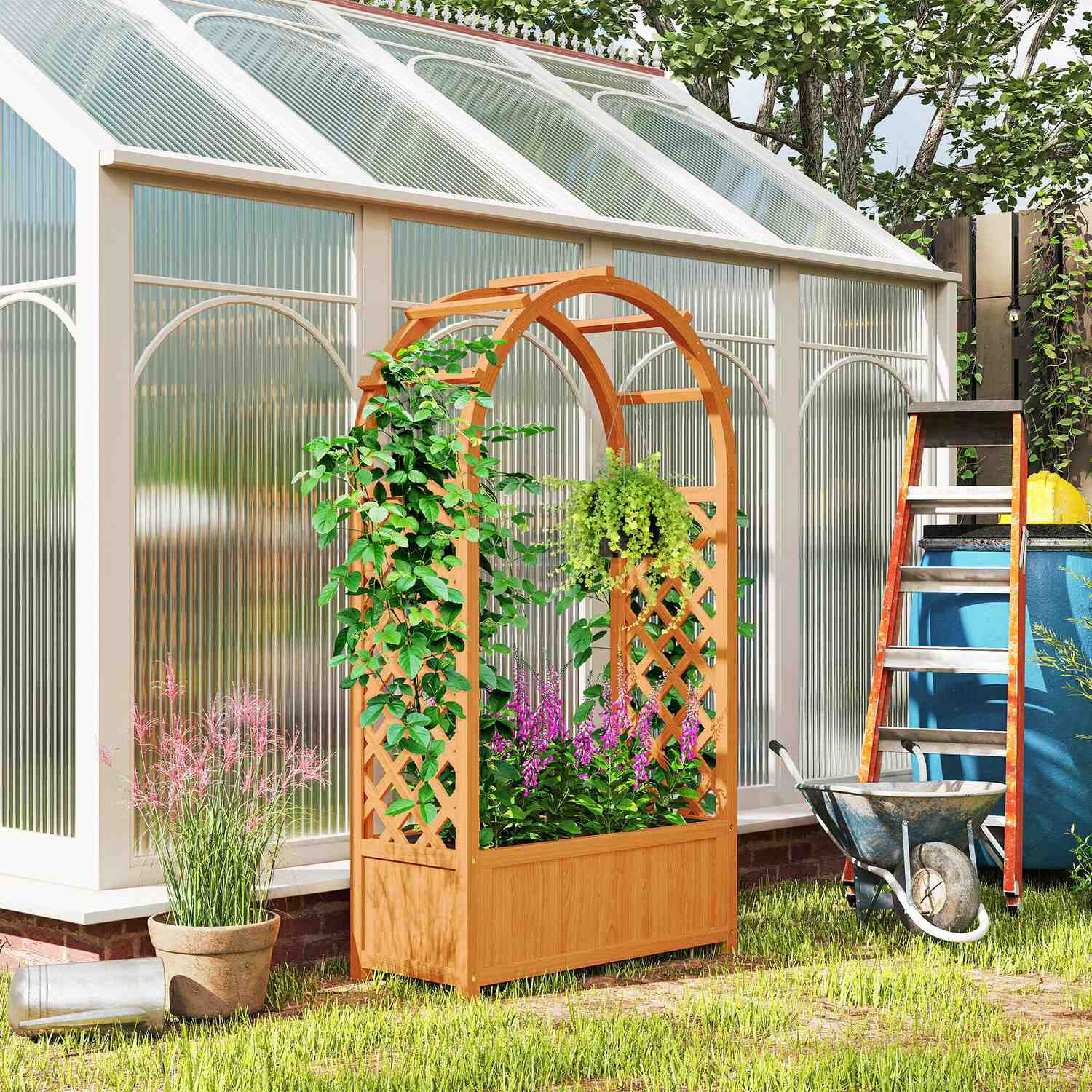 Trädgårdskruka med spaljé för klätterväxter