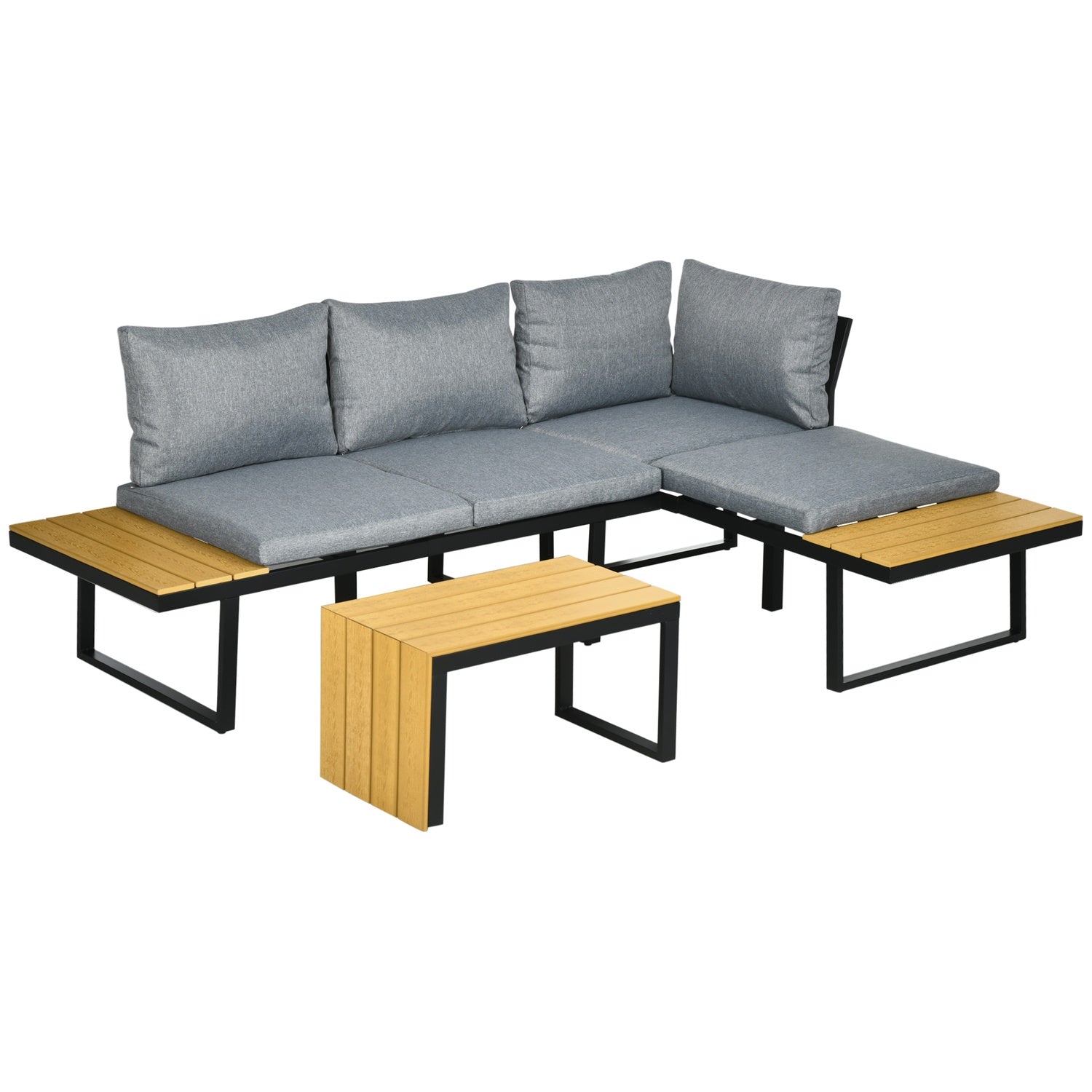 Trädgårdsmöbelset för 3, aluminium & trälook, mörkgrå