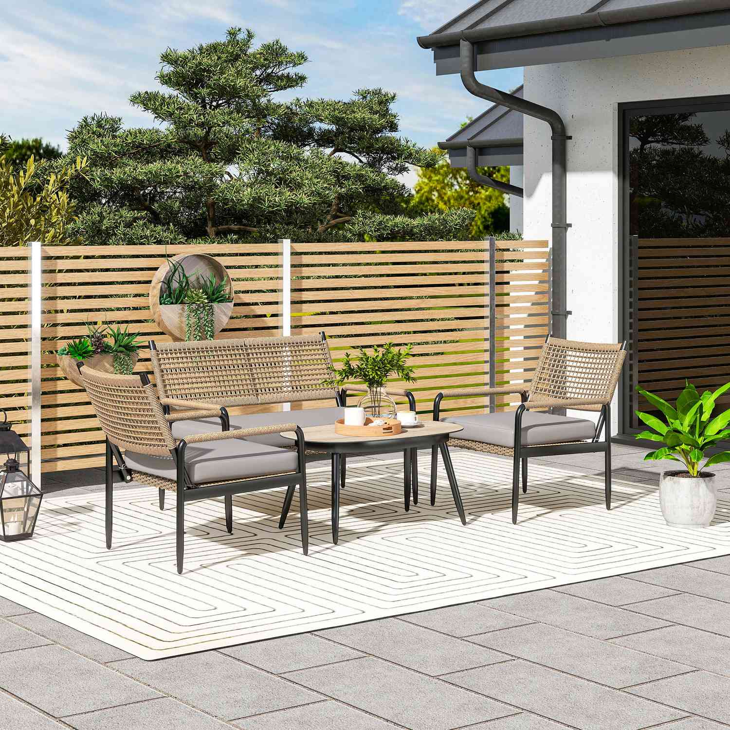 Polyrattan Outdoor Lounge Set, väderbeständig, dämpad, 4-personer