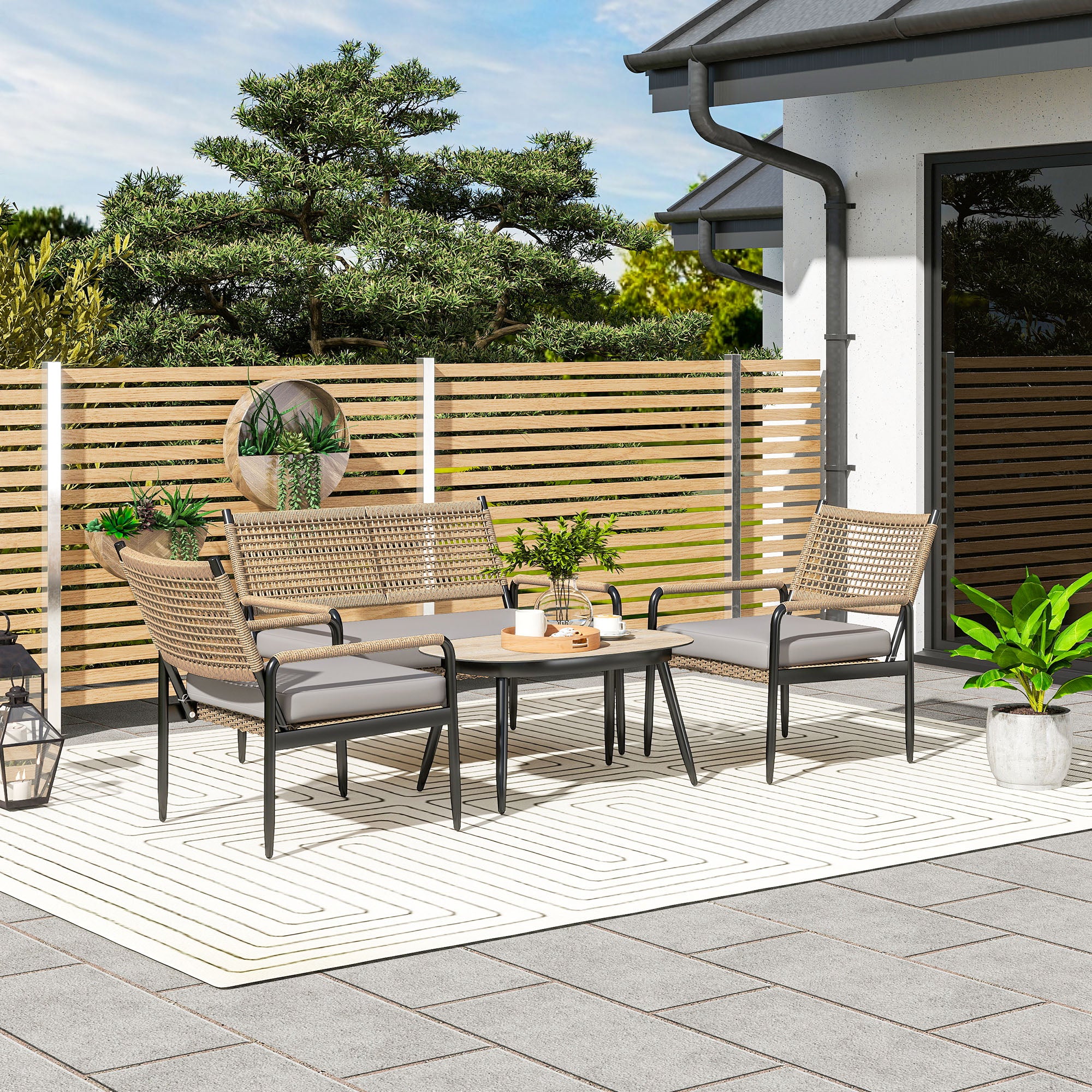 Polyrattan Outdoor Lounge Set, väderbeständig, dämpad, 4-personer