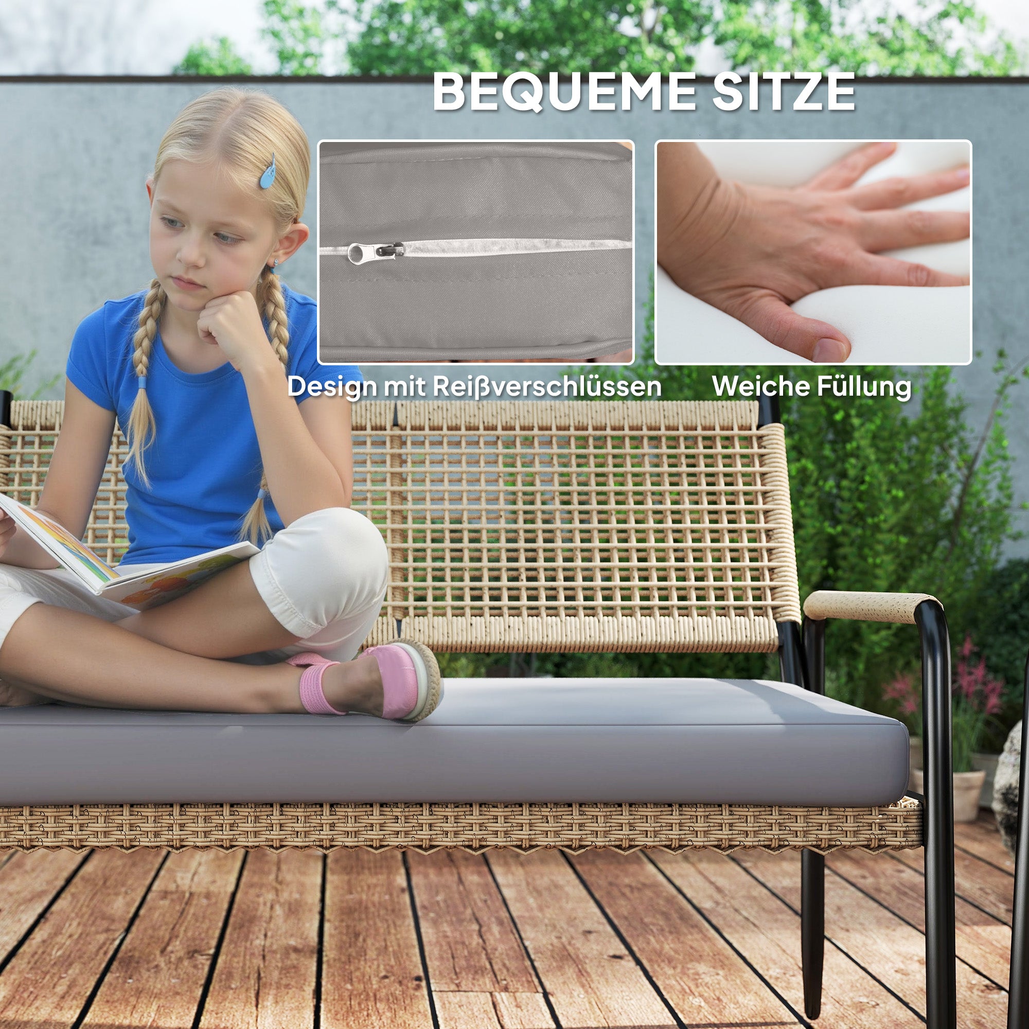 Polyrattan Outdoor Lounge Set, väderbeständig, dämpad, 4-personer