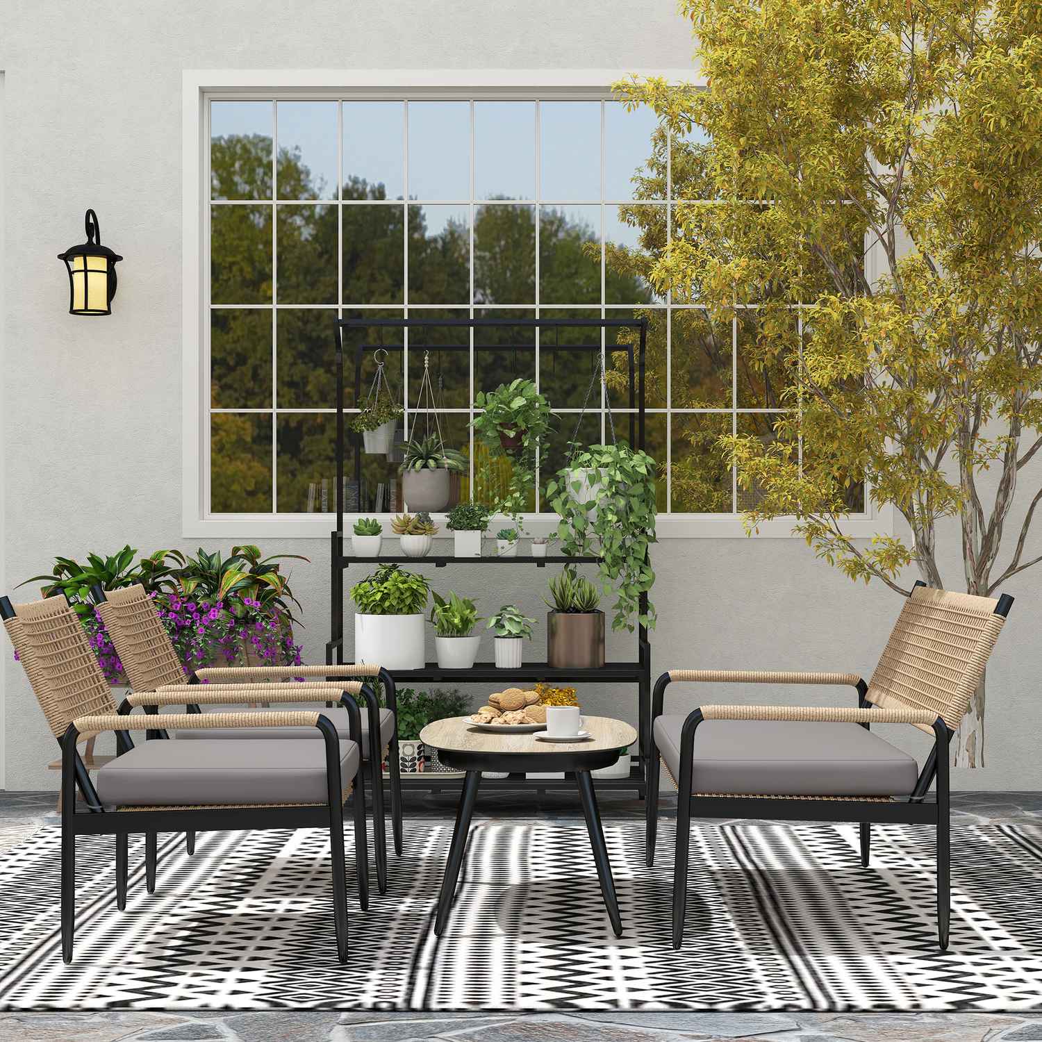 Polyrattan Outdoor Lounge Set, väderbeständig, dämpad, 4-personer
