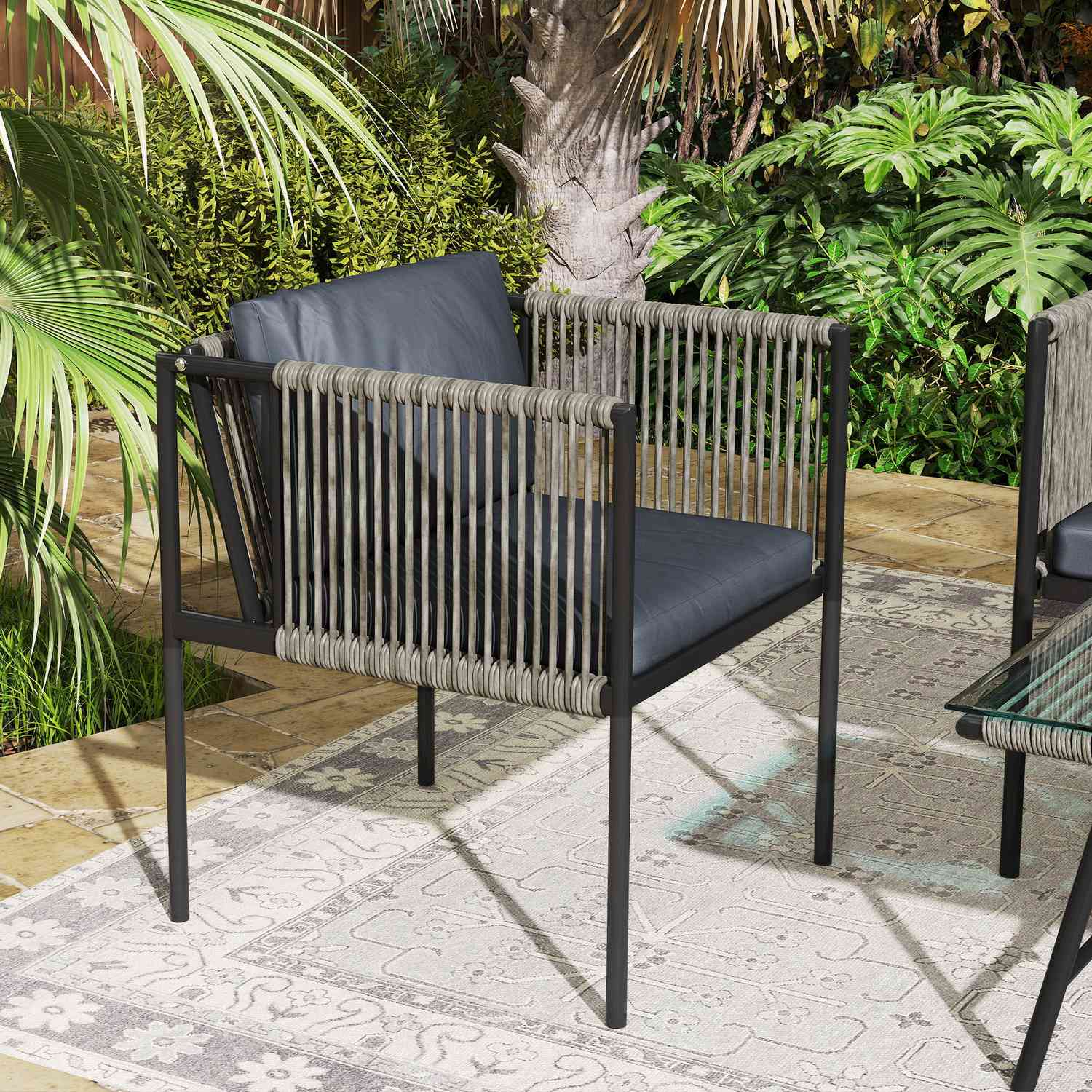 Trädgårdsmöbelset i polyrattan med kuddar – Grå