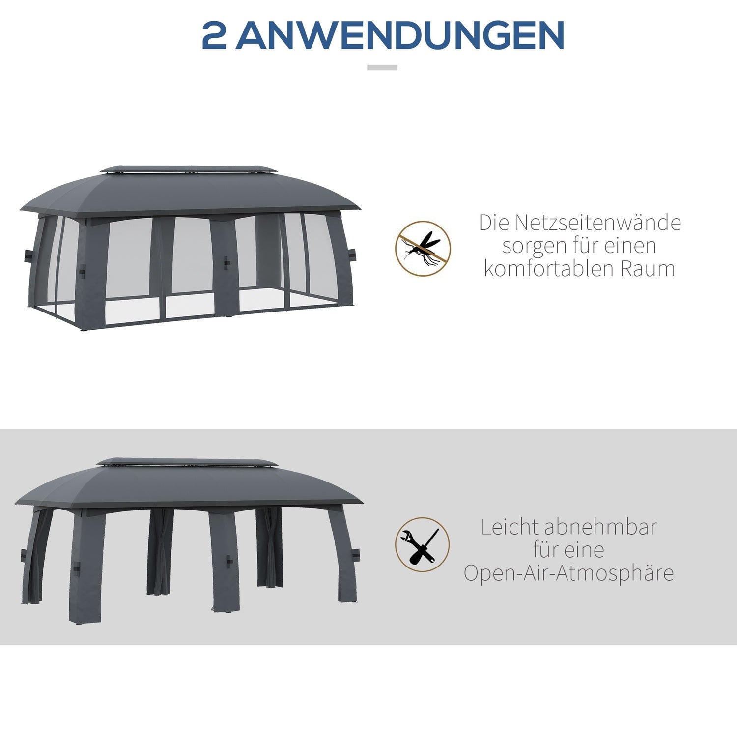 Trädgårdspaviljong 3x6m tält, dubbeltak, sidoväggar, mörkgrå