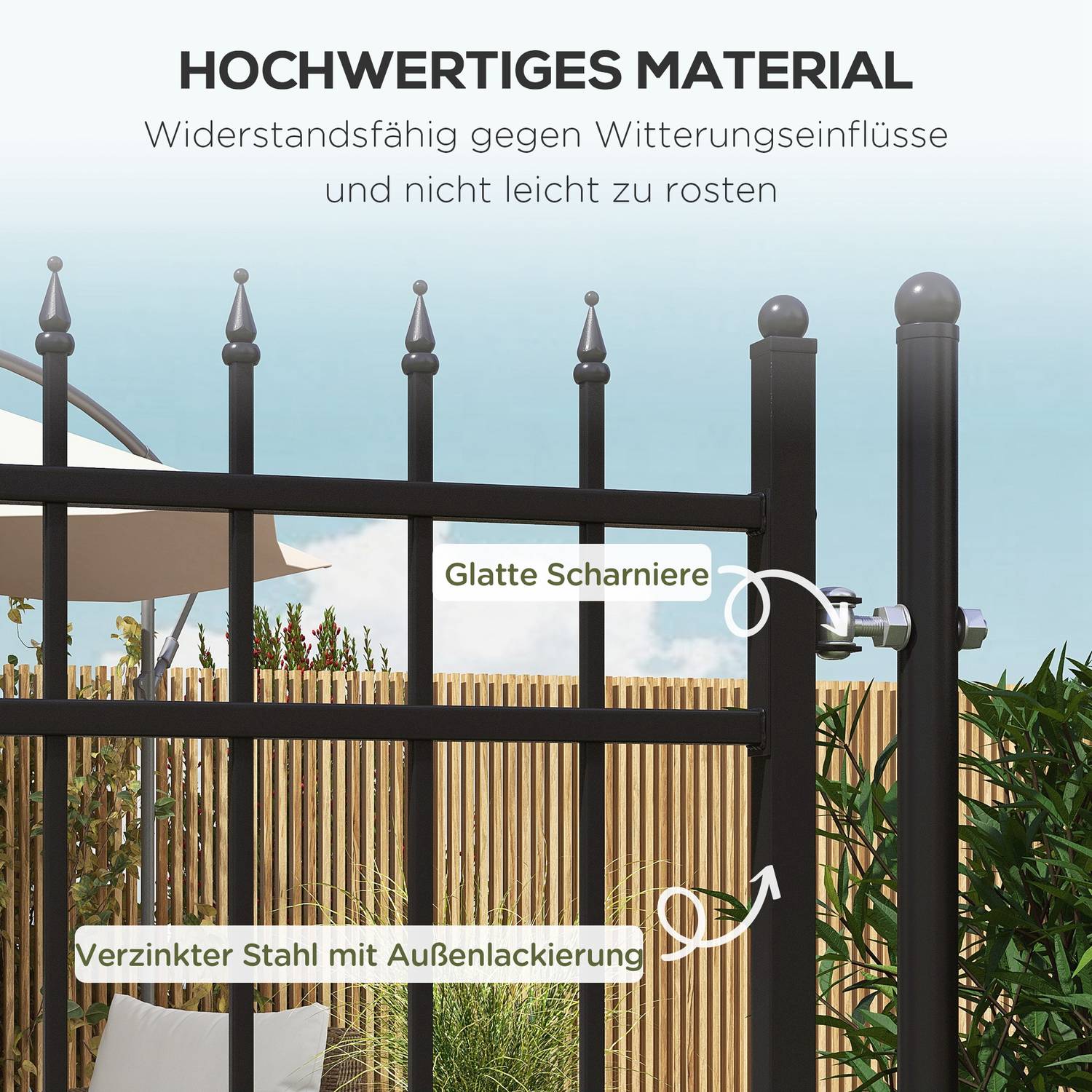 Trädgårdsport i svart galvaniserat stål med lås och handtag, 107x204 cm