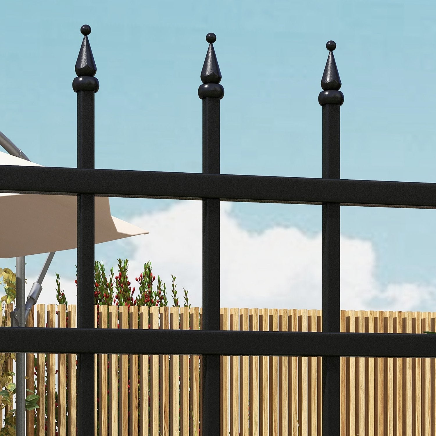 Trädgårdsport i svart galvaniserat stål med lås och handtag, 107x204 cm