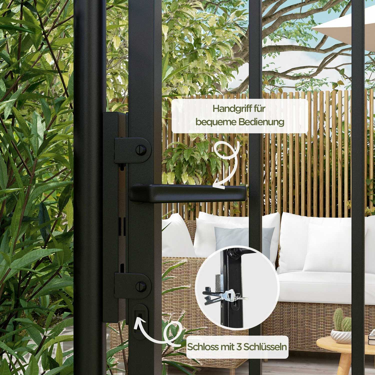 Trädgårdsport i svart galvaniserat stål med lås och handtag, 107x204 cm