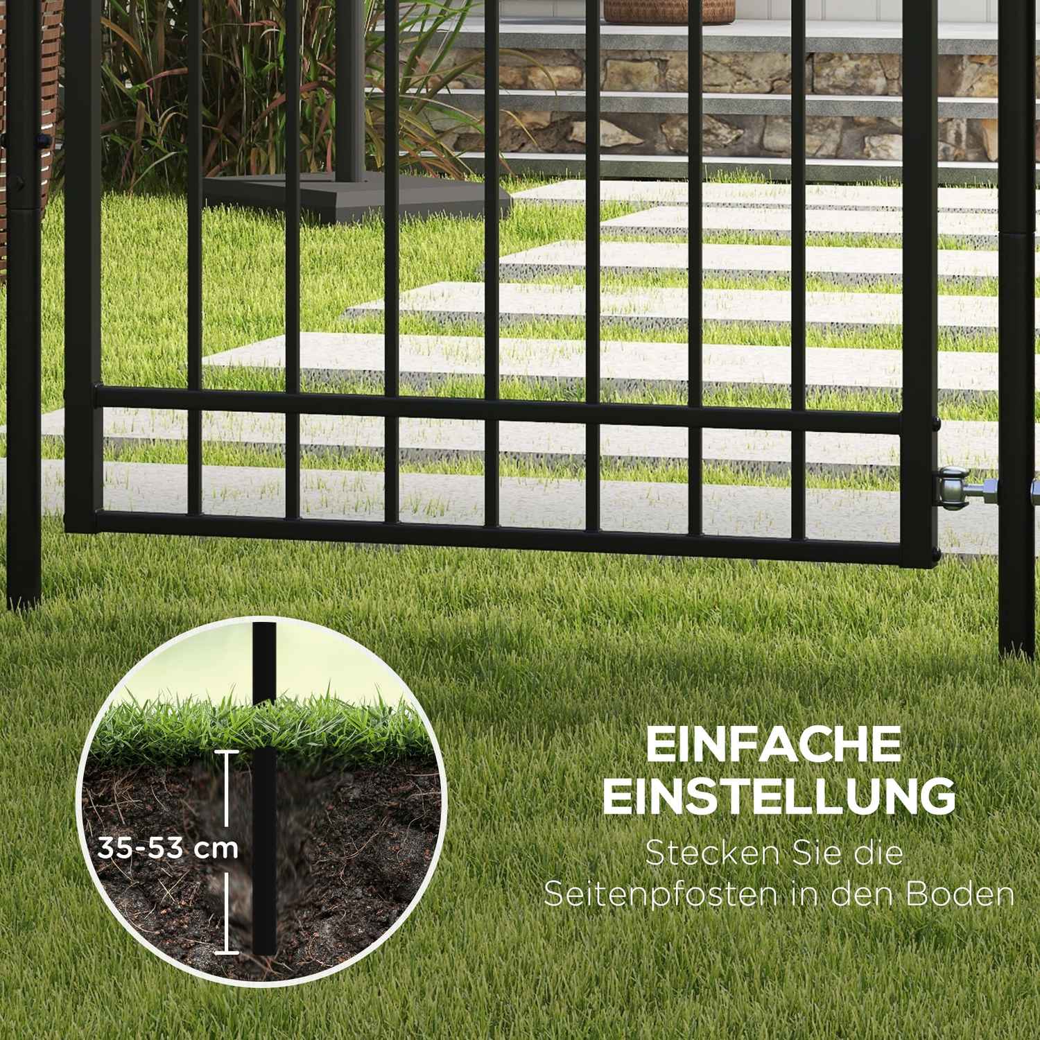 Trädgårdsport i svart galvaniserat stål med lås och handtag, 107x204 cm