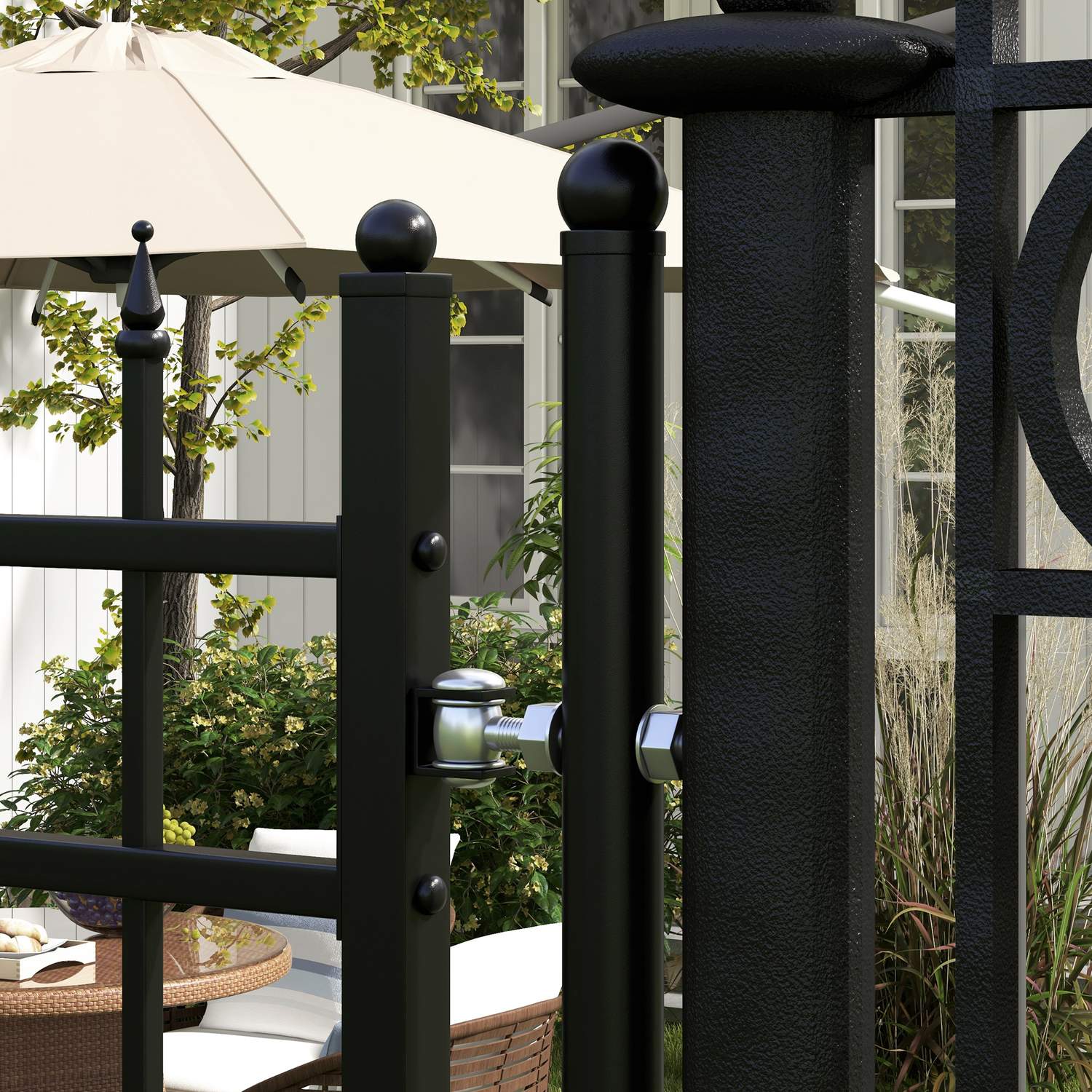 Trädgårdsport i svart galvaniserat stål med lås och handtag, 107x204 cm