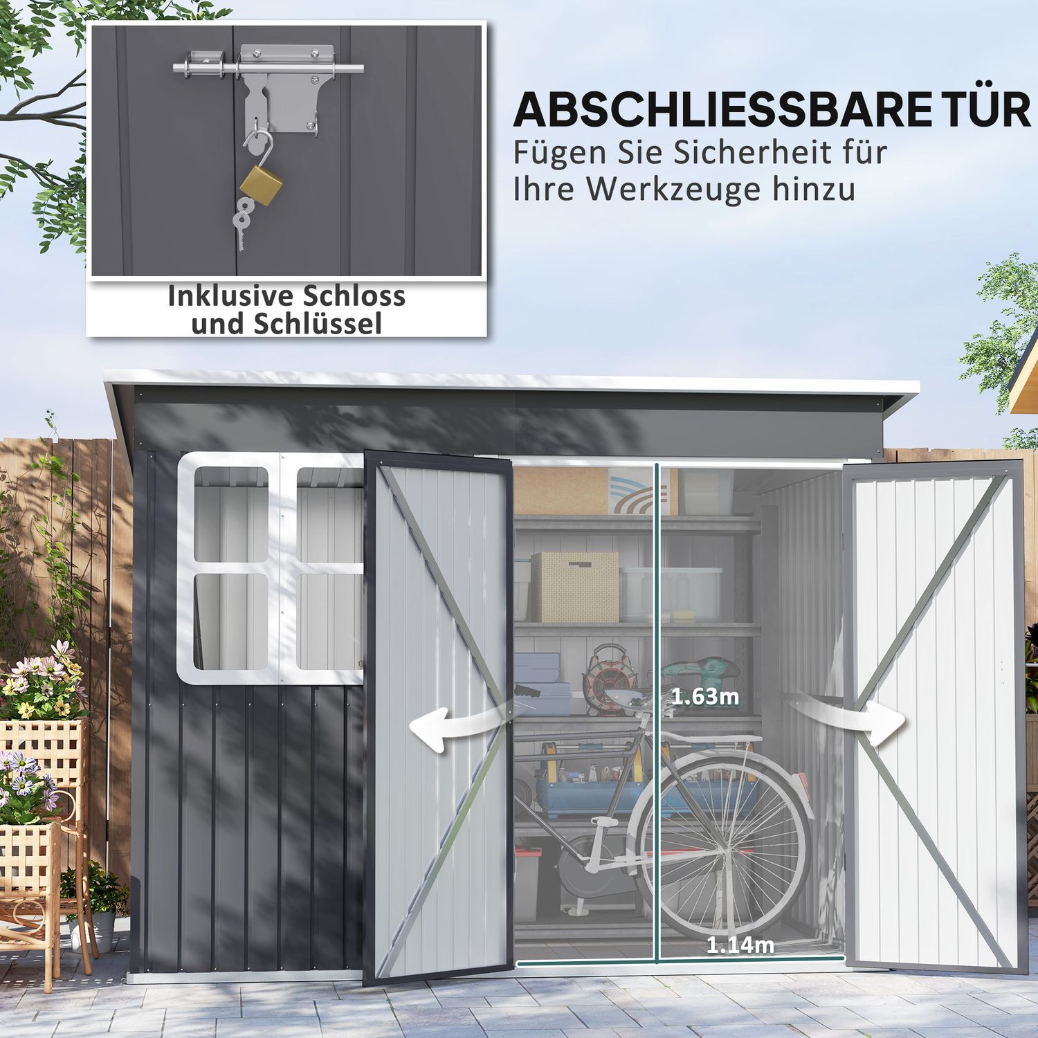 Trädgårdsredskapsbod i stål, 260x177x190 cm, Låsbar dörr