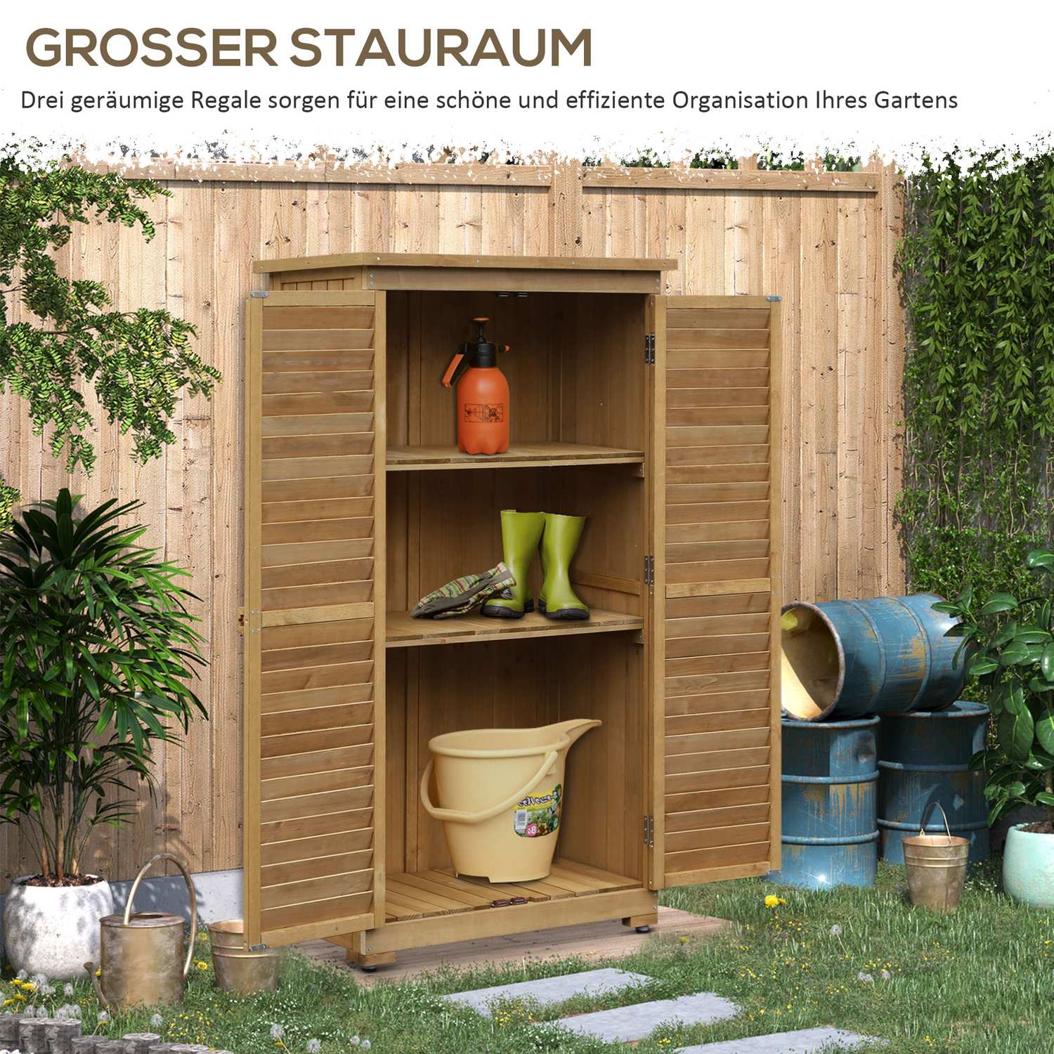 Trädgårdsredskapsbod i trä med lamelldörrar, 87x46,5x160 cm