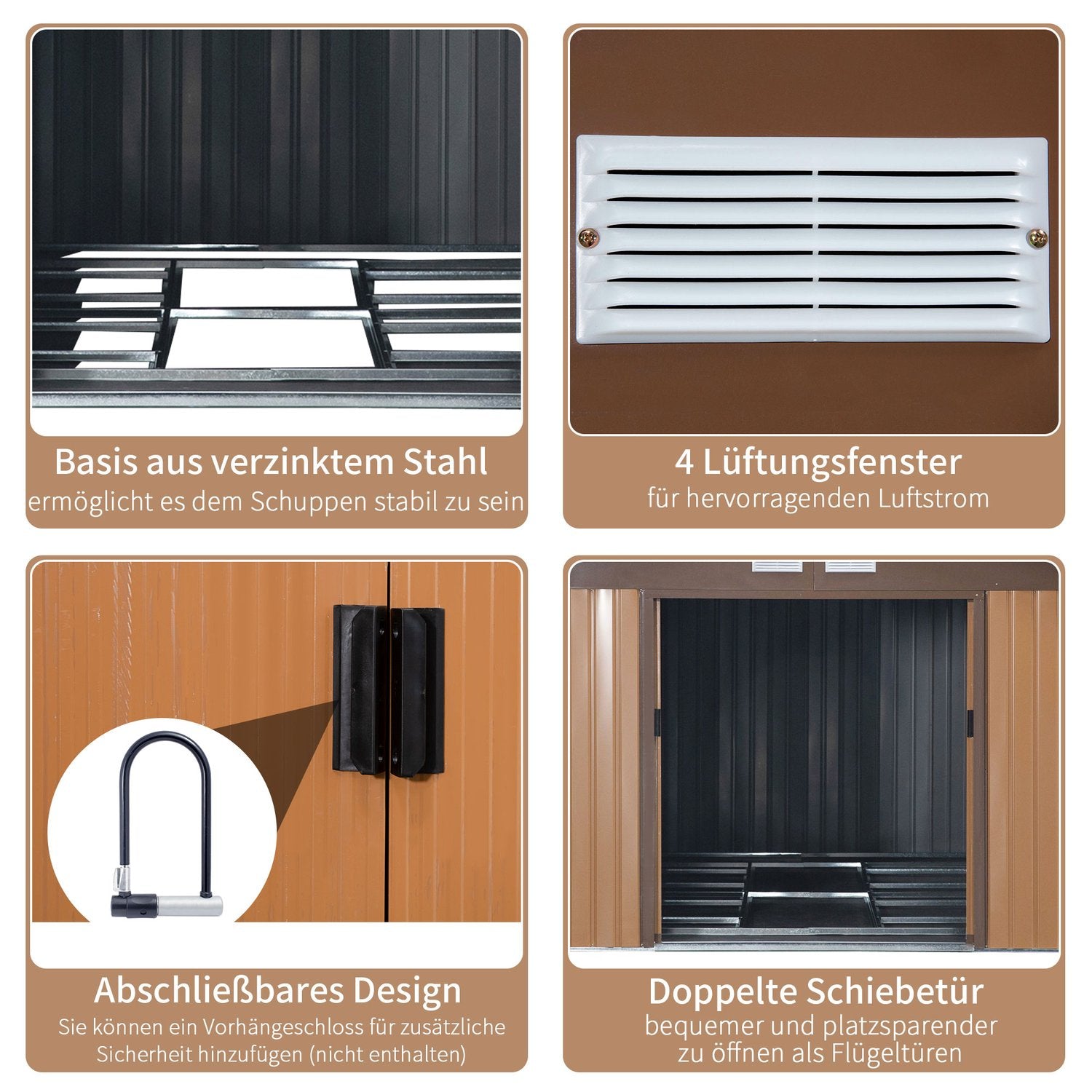 Trädgårdsredskapsskjul i metall, brun, med bottenplatta, 340x386x200 cm