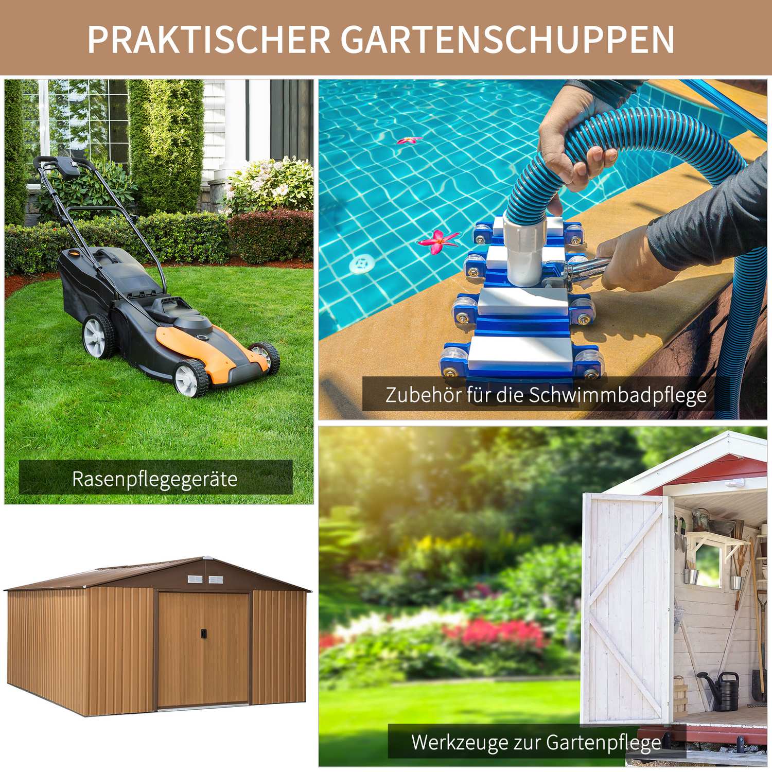 Trädgårdsredskapsskjul i metall, brun, med bottenplatta, 340x386x200 cm