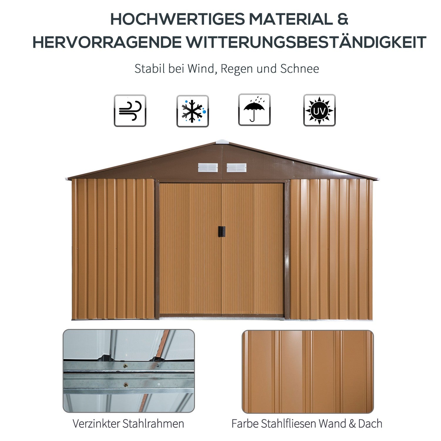 Trädgårdsredskapsskjul i metall, brun, med bottenplatta, 340x386x200 cm