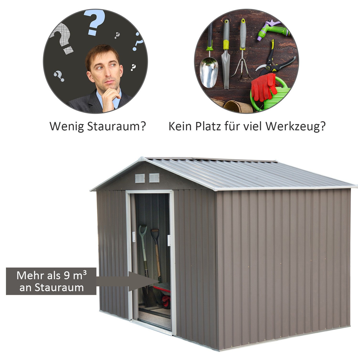 Trädgårdsredskapsskjul i metall med foundation, väderbeständig, grå