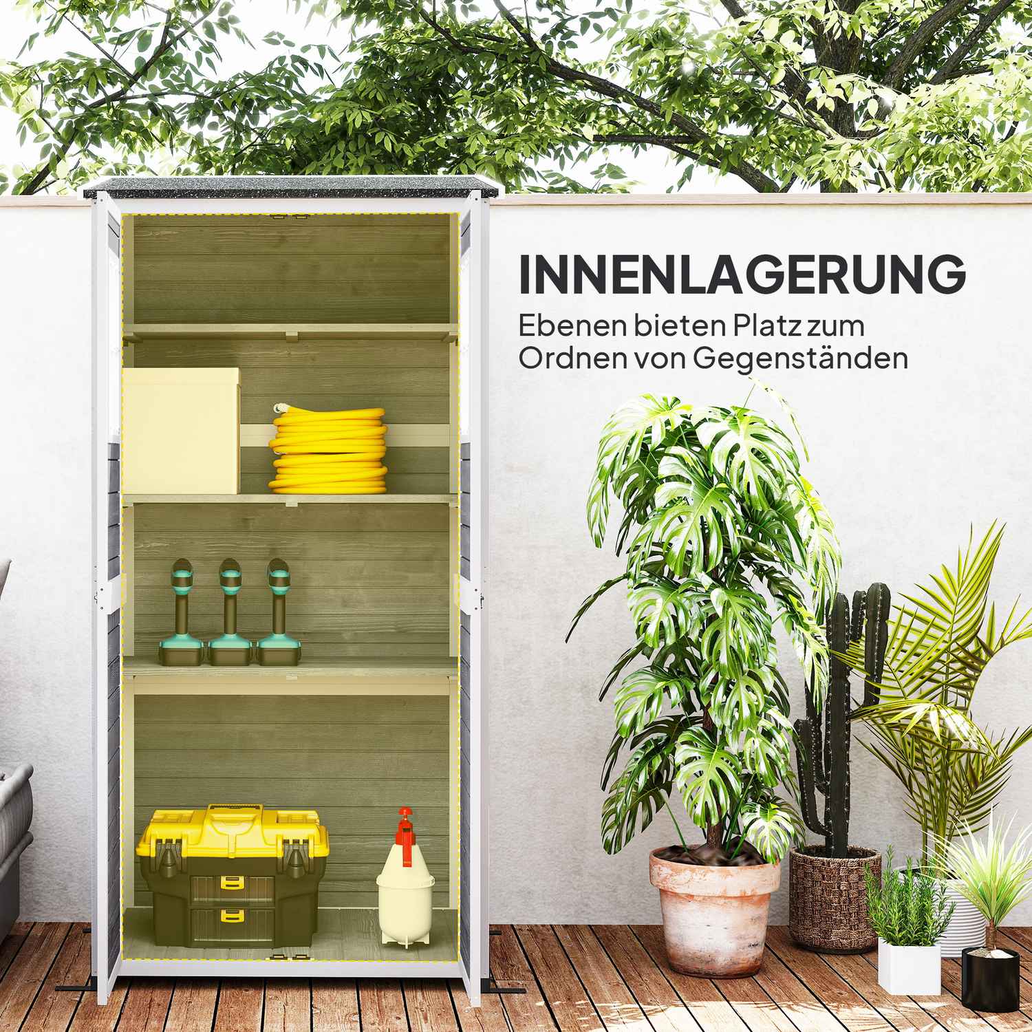 Trädgårdsredskapsskjul i trä, väderbeständig, låsbar, 91x69x192cm