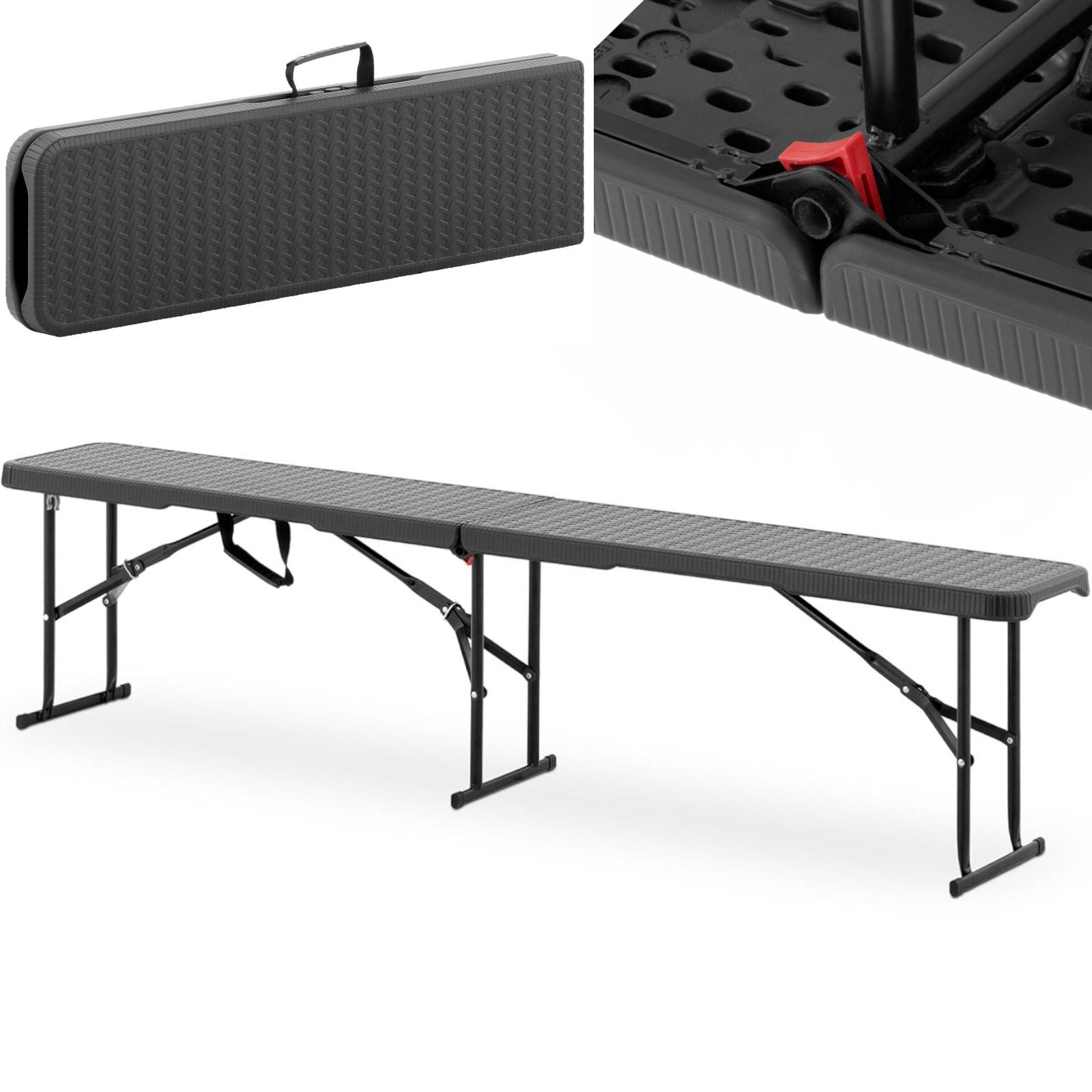 Trädgårdsserveringsbänk, hopfällbar, svart, upp till 300 kg, 183 x 30 x 43 cm