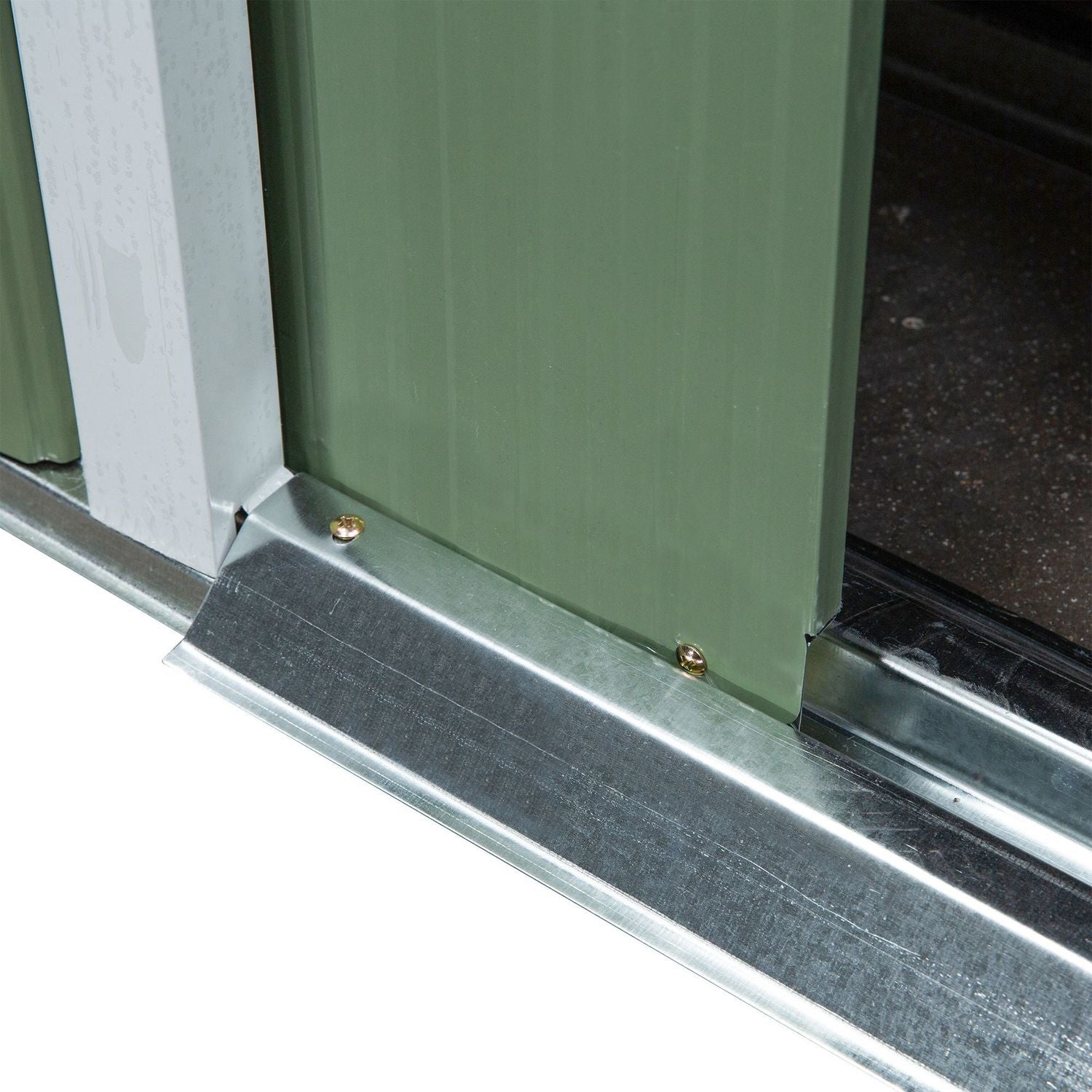 Trädgårdsskjul i grönt stål – väderbeständig med ventilation och dörr