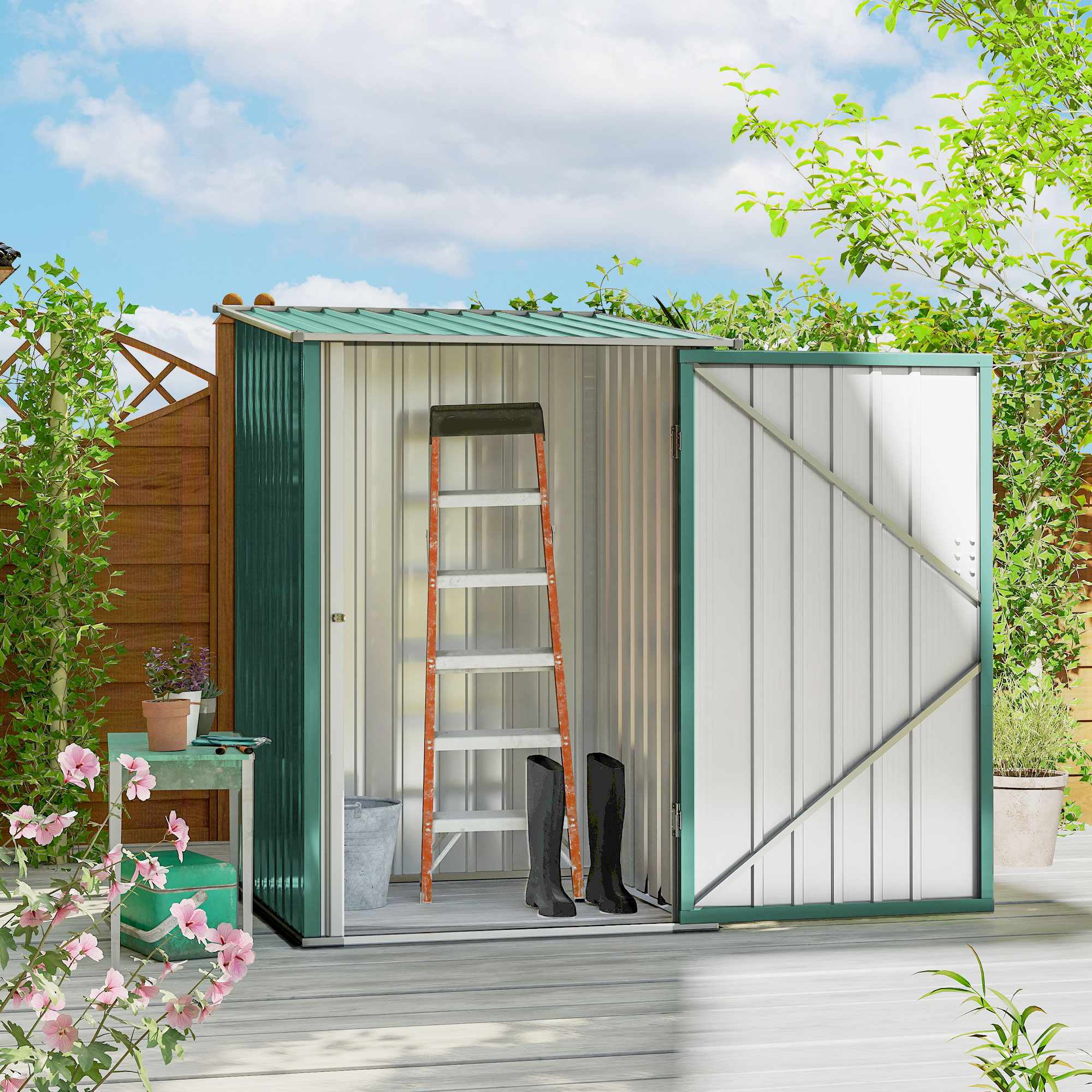 Trädgårdsskjul i metall med sluttande tak, låsbar dörr, 100x103x160 cm