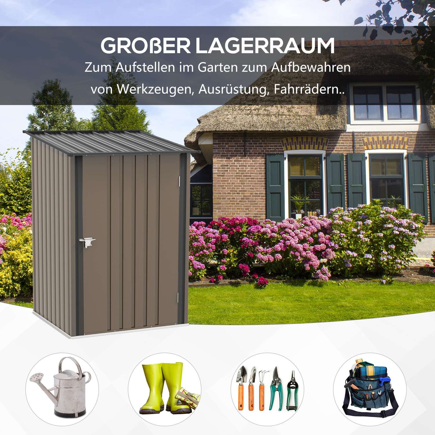 Trädgårdsskjul i stål med taktak – Låsbart, brunt, 0,92 m²