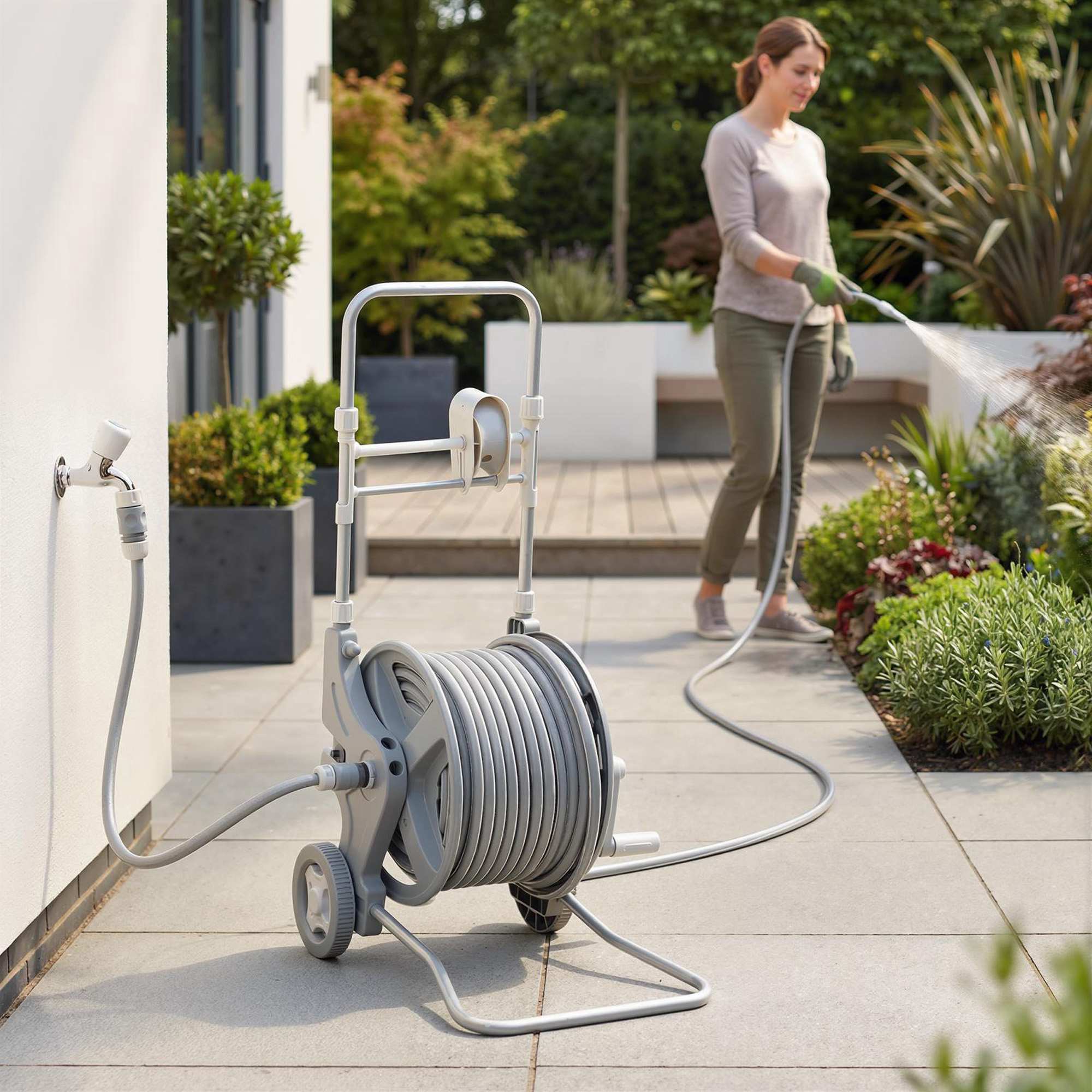 Tuinslanghaspel, slang van 45 m, sproeikop met dubbele functie