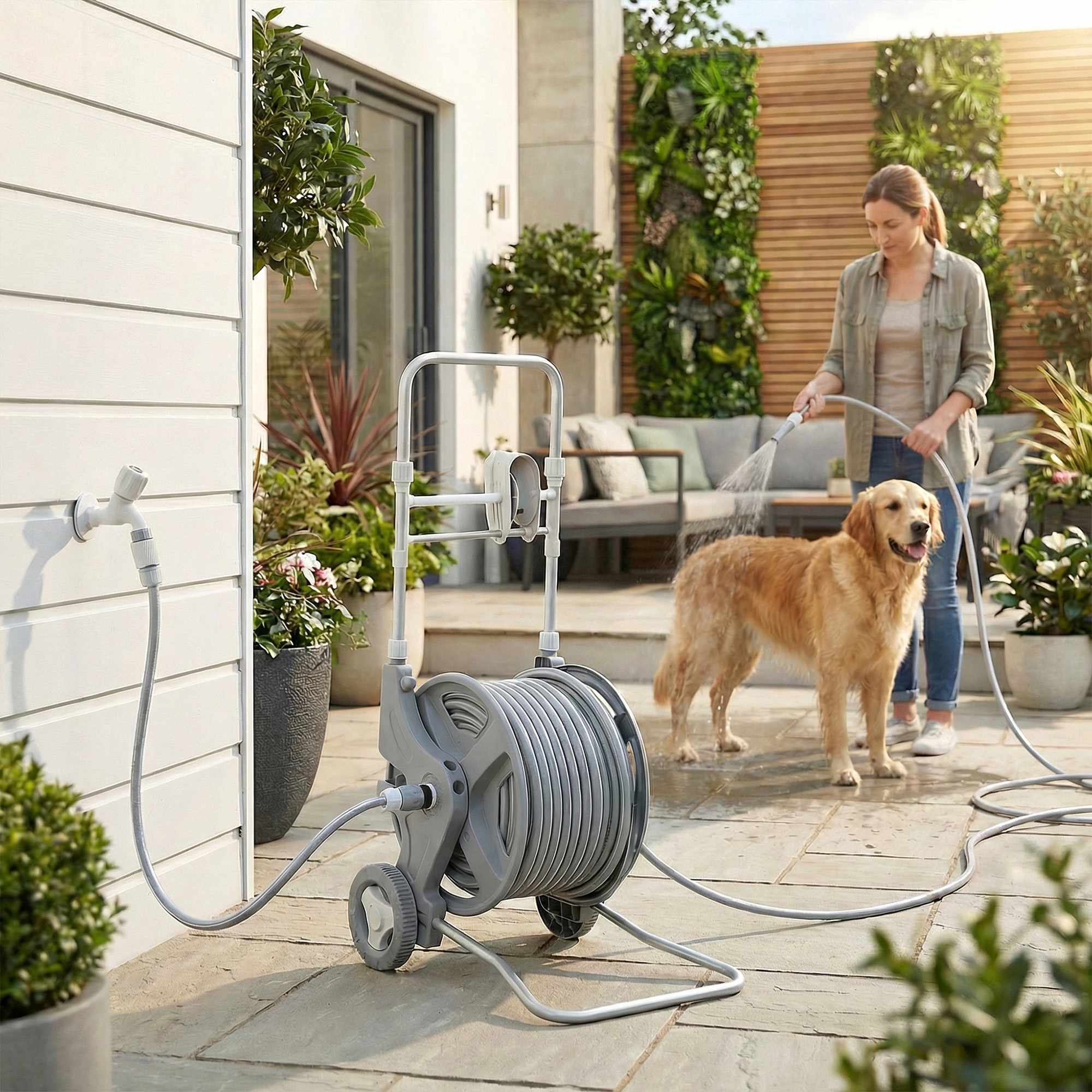 Tuinslanghaspel, slang van 45 m, sproeikop met dubbele functie