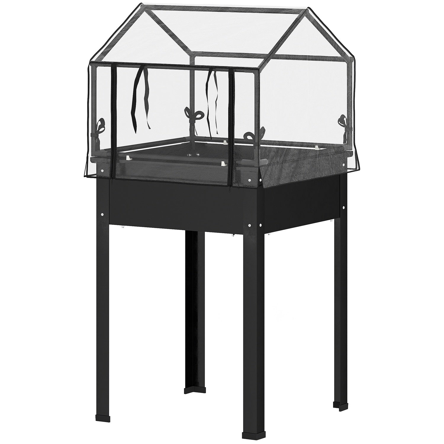 Trädgårdssäng i metall med täckning och dränering, svart