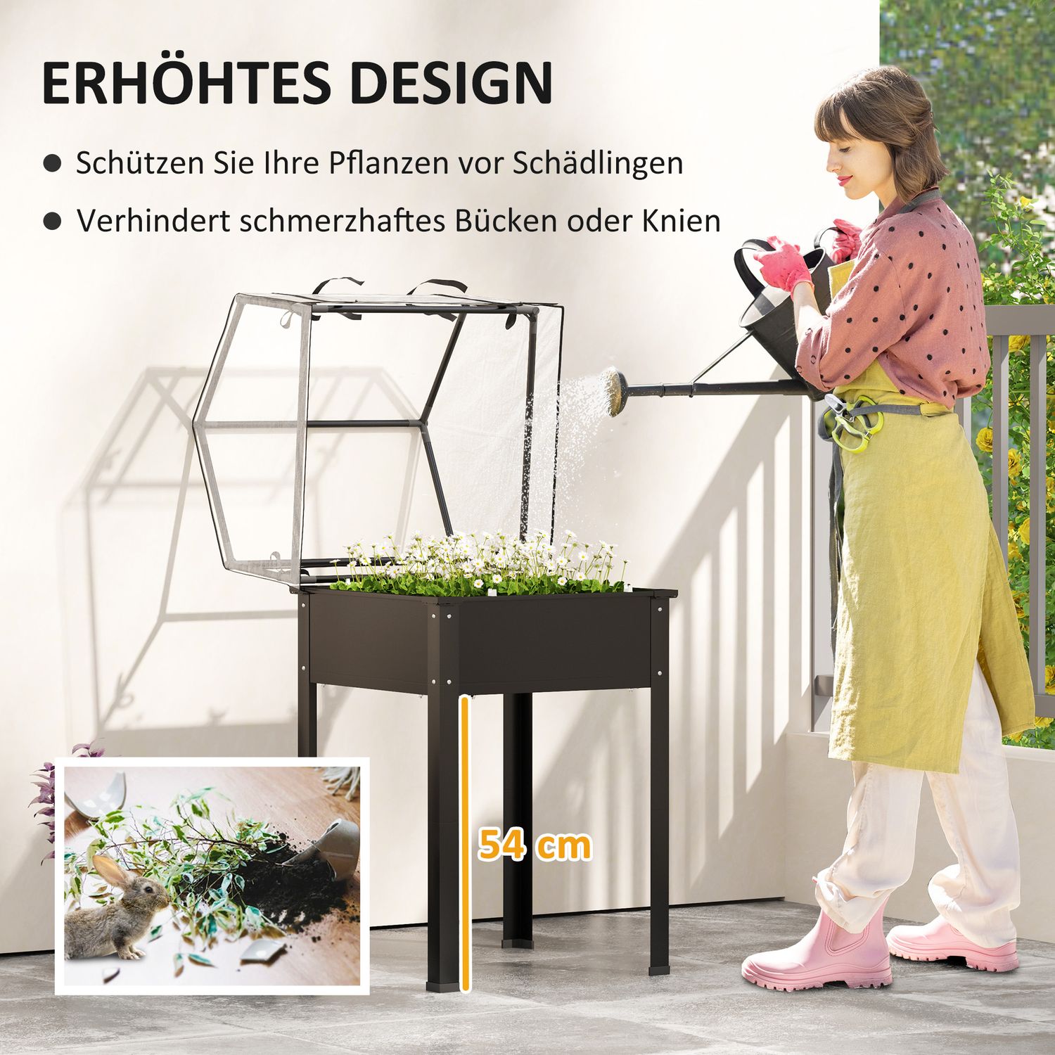 Trädgårdssäng i metall med täckning och dränering, svart