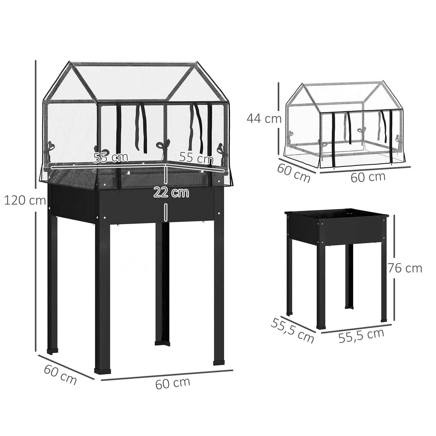 Trädgårdssäng i metall med täckning och dränering, svart