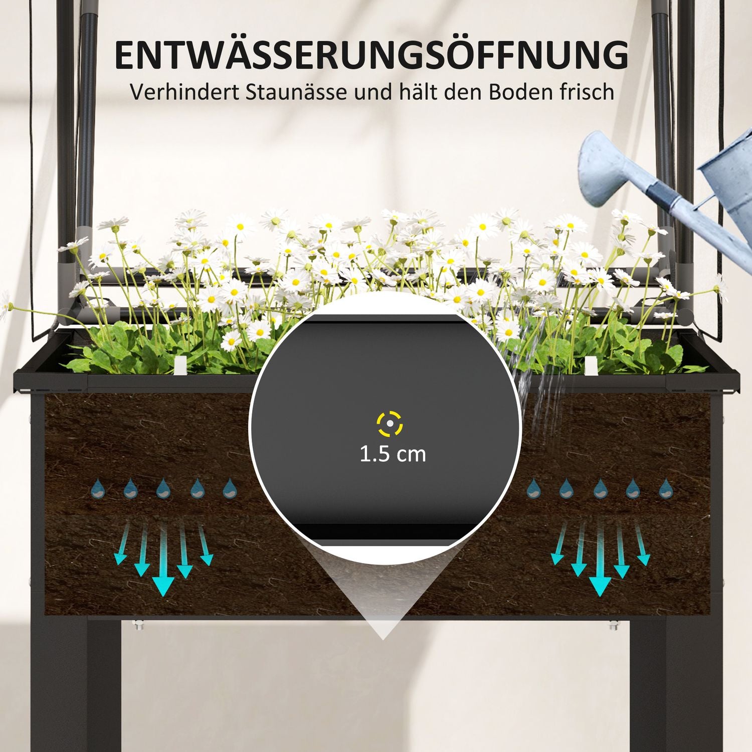 Trädgårdssäng i metall med täckning och dränering, svart