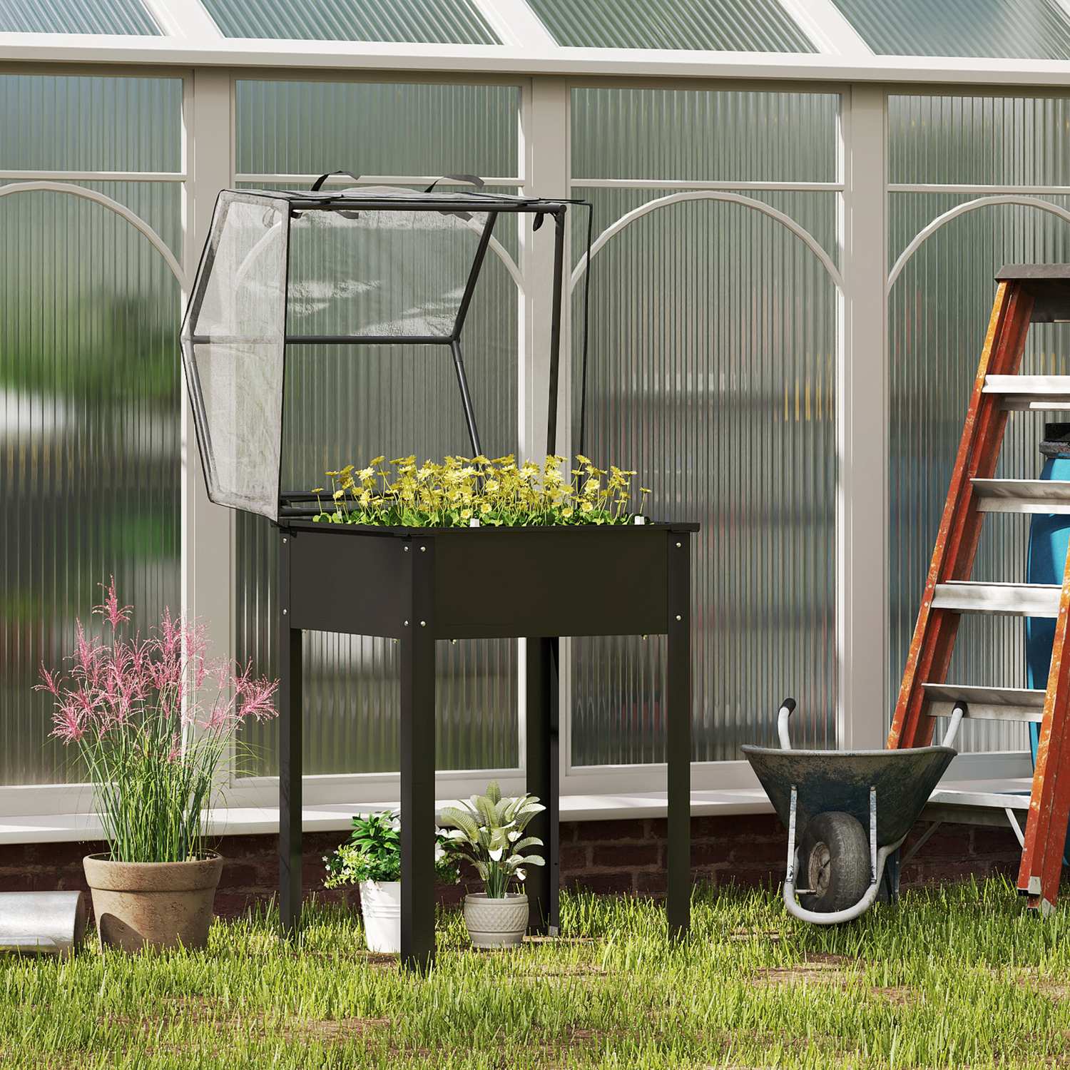 Trädgårdssäng i metall med täckning och dränering, svart