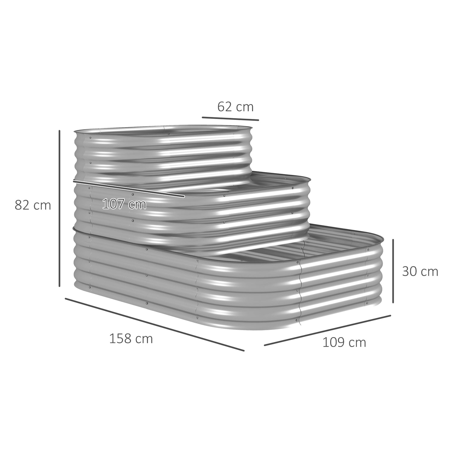Trädgårdssäng i metall, plantering i 3 våningar, säkerhetskanter