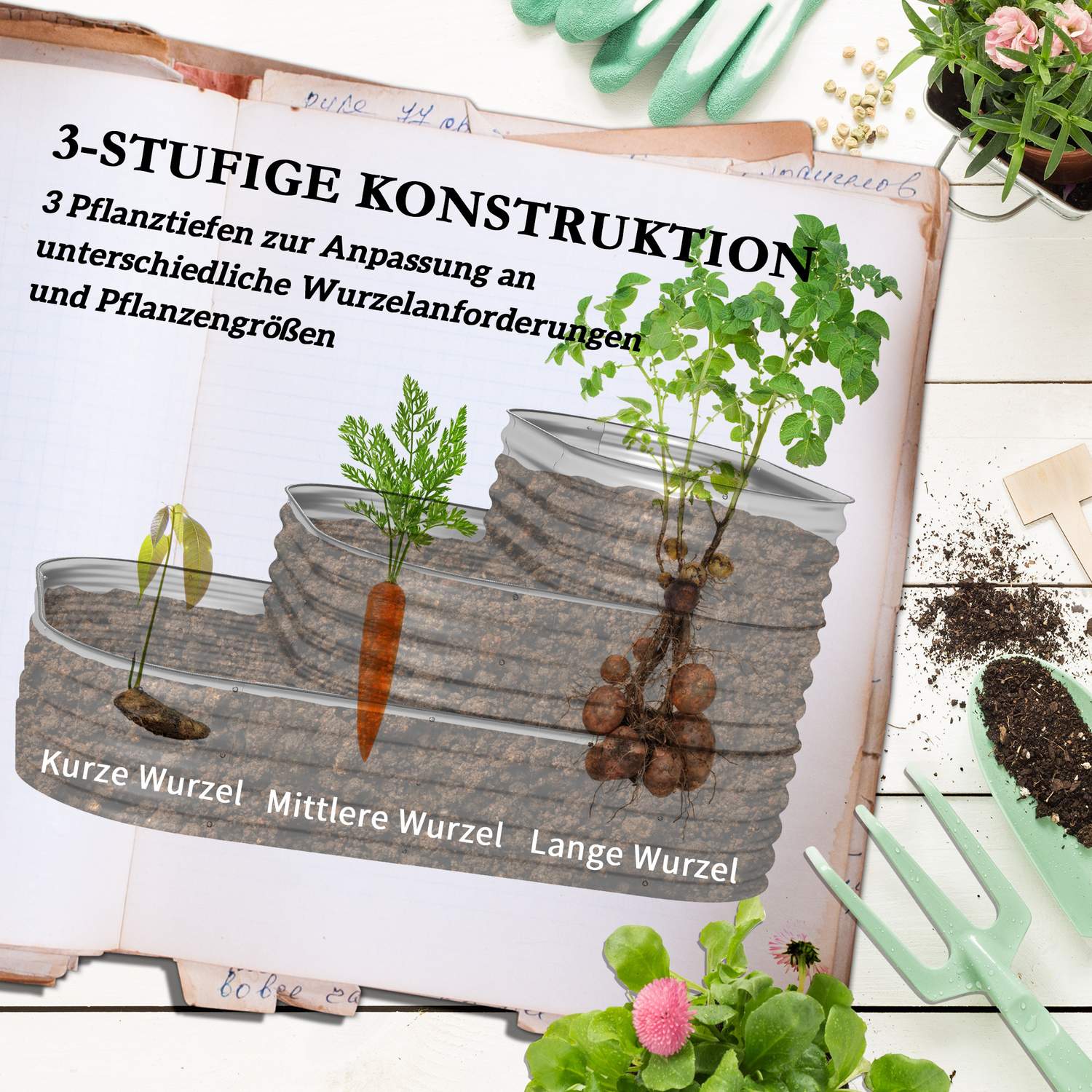 Trädgårdssäng i metall, plantering i 3 våningar, säkerhetskanter