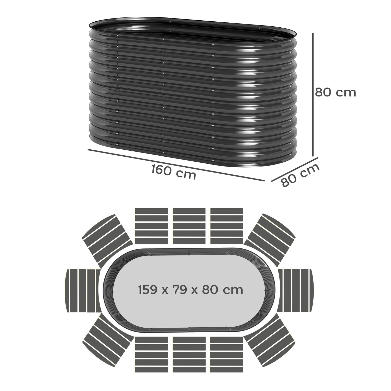 Trädgårdssäng i stål – 160x80x80 cm, stapelbar plantering