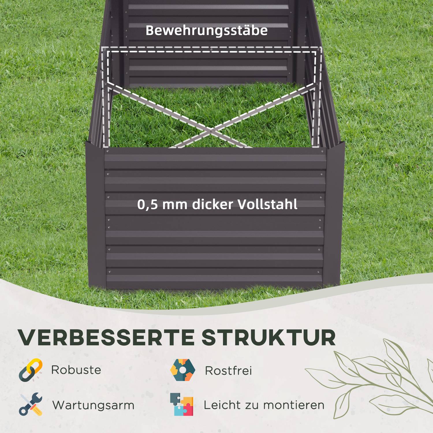 Trädgårdssäng i stål – 180x90x60 cm för grönsaker & blommor