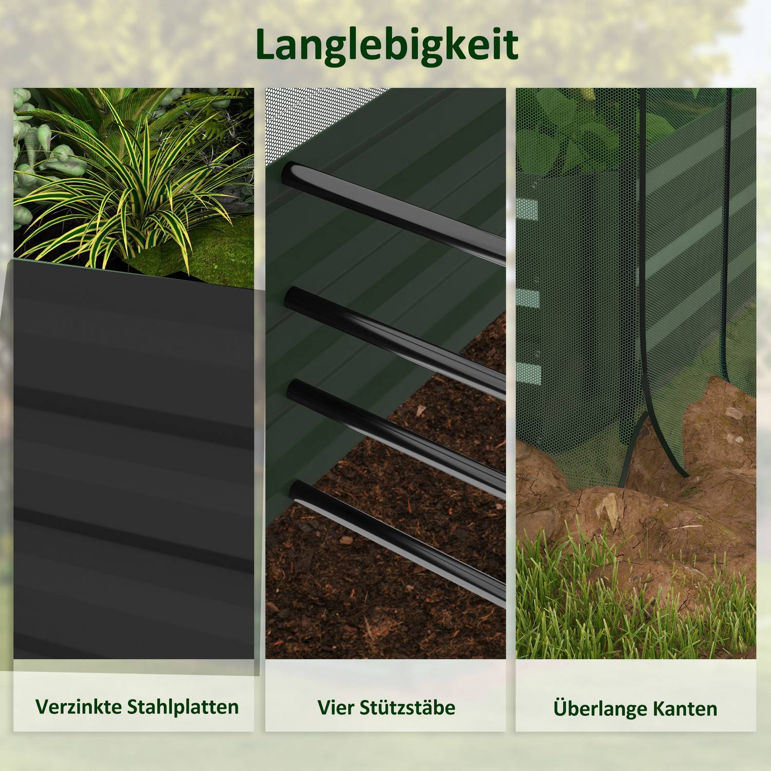 Trädgårdssäng i stål med fågelnät, mörkgrå, 230x110x110 cm