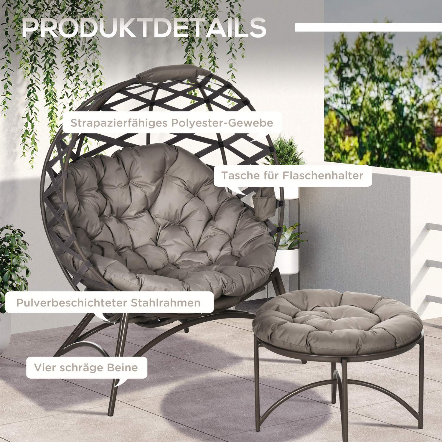 Trädgårdsstolset, flätad med hopfällbar sits och kuddar