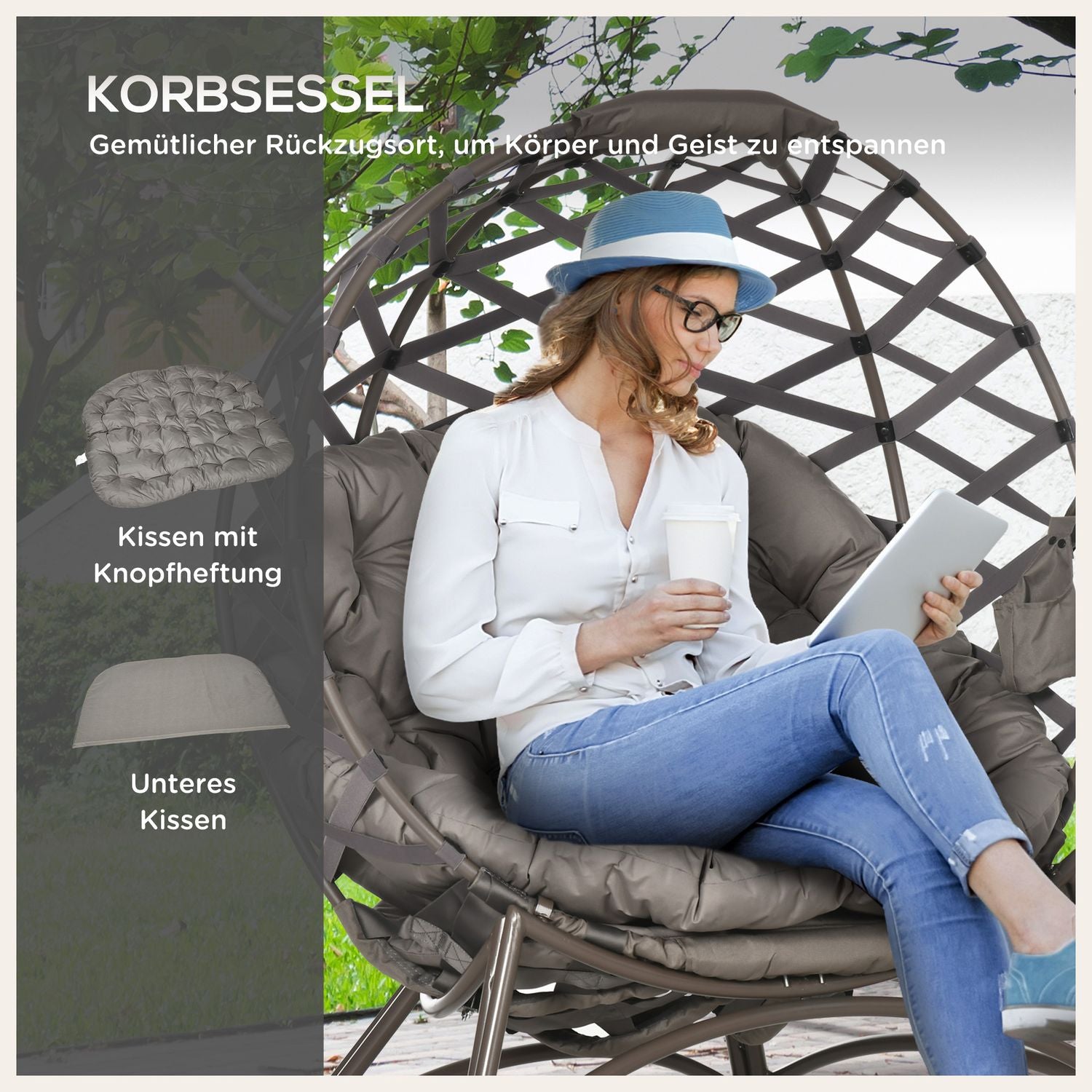 Trädgårdsstolset, flätad med hopfällbar sits och kuddar