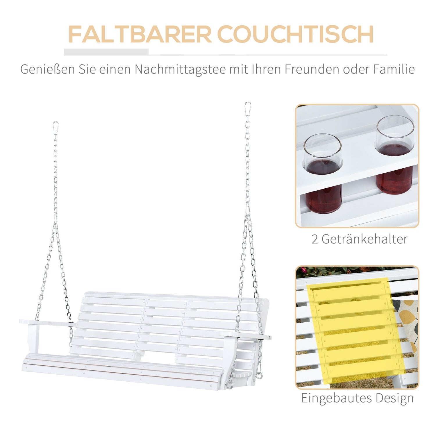 Trädgårdssvingbänk med hopfällbart bord, 2-3 sits, vit