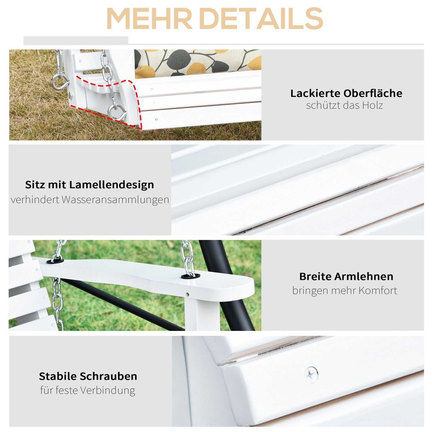 Trädgårdssvingbänk med hopfällbart bord, 2-3 sits, vit