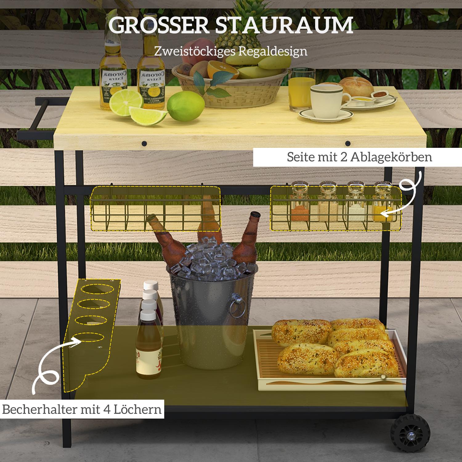 Trädgårdsvagn för utomhusbruk – 2 våningar, granved, förvaringskorg