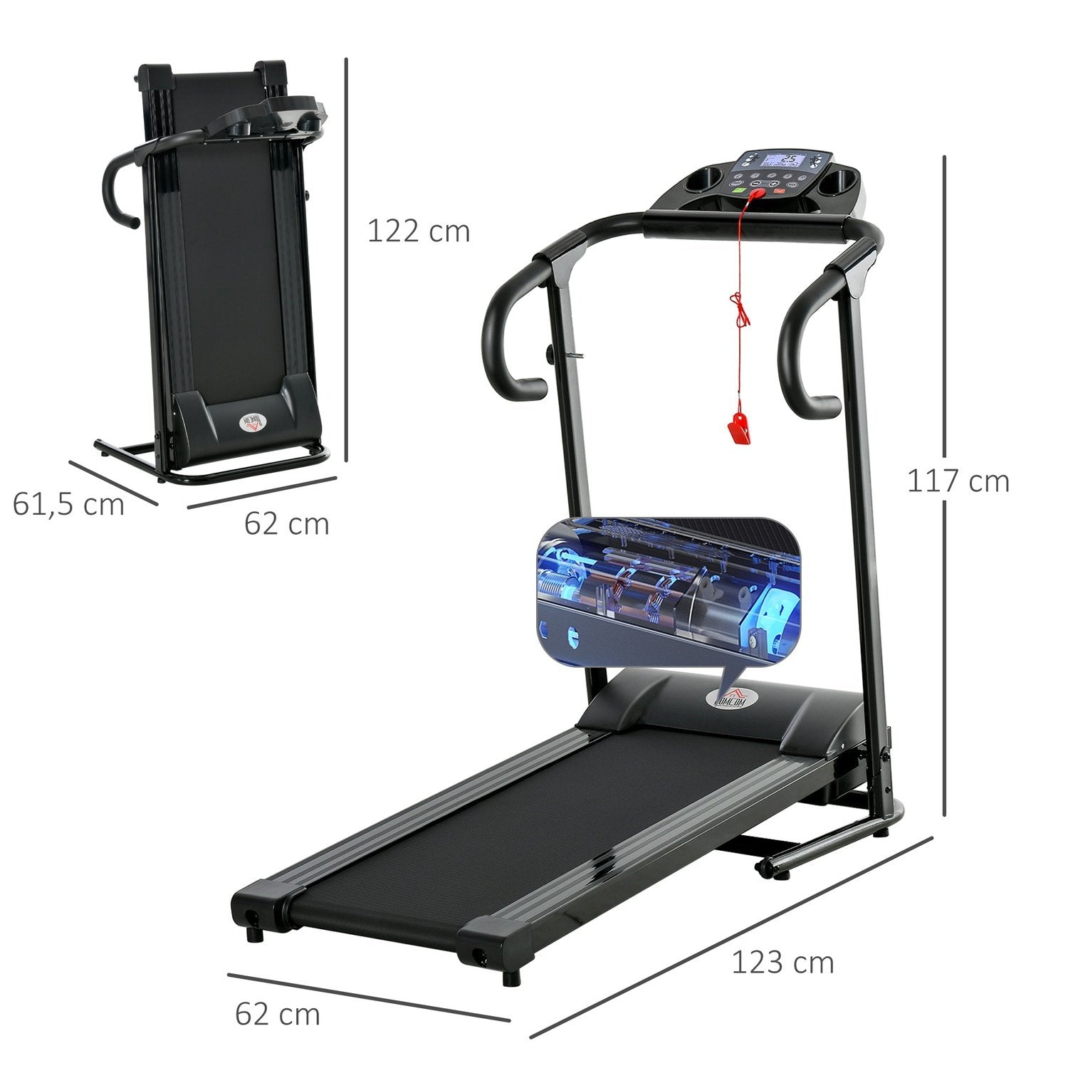 Löpband Fällbar Elektrisk 500W 0,8-10Km/H Lcd-Skärm Mobiltelefonhållare Svart 123X62X117Cm