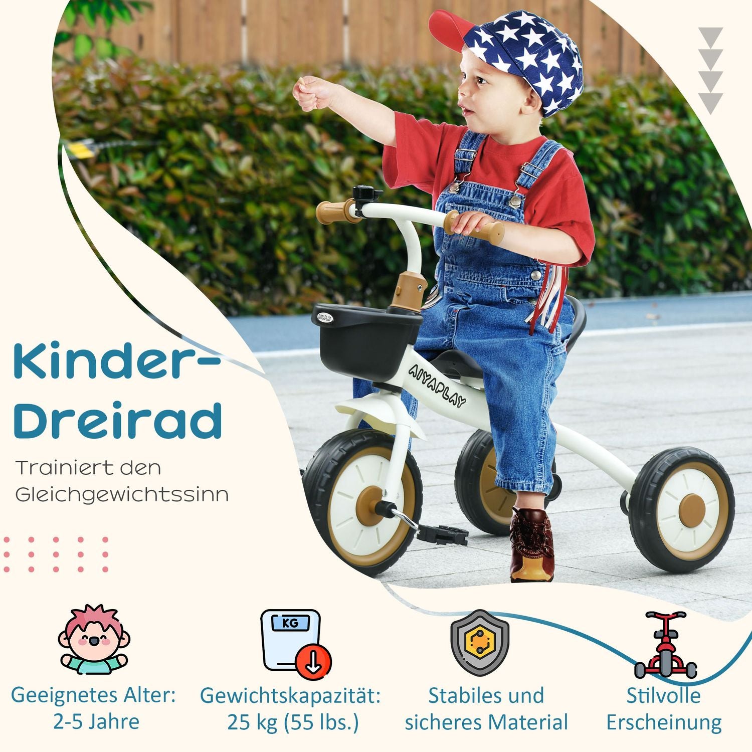 Trehjuling för barn, justerbar sits och korg, 2-5 år