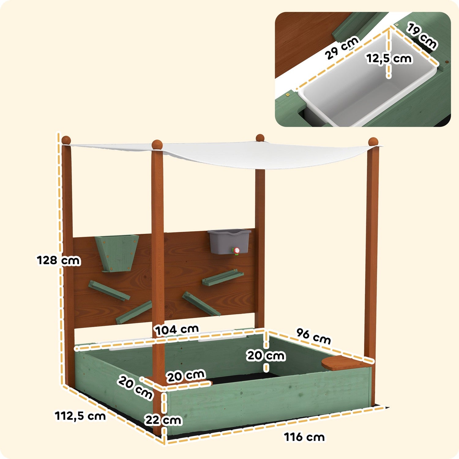 Träsandlåda med sits & leksaker, 116 x 112,5 cm, grön