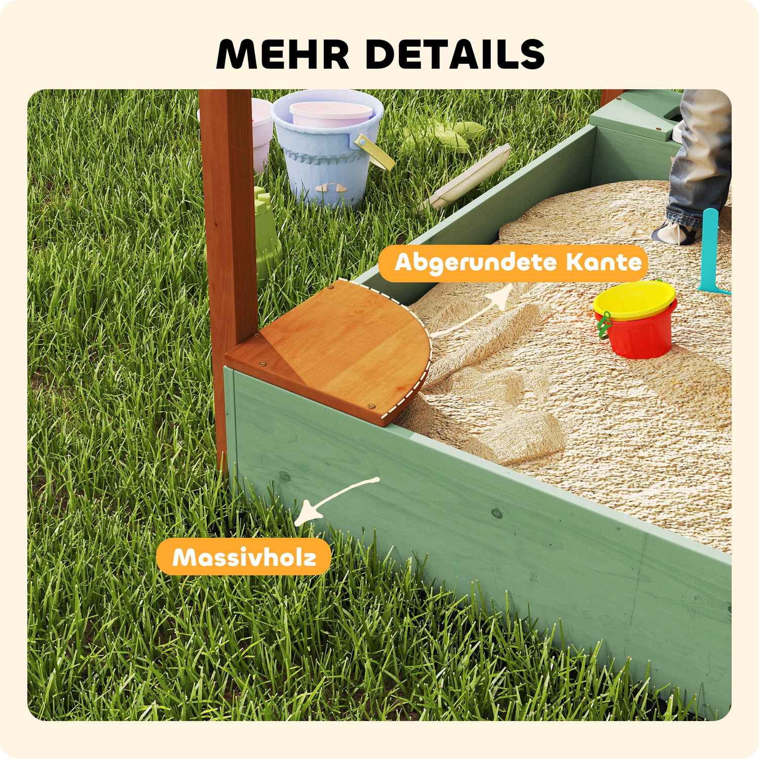 Träsandlåda med sits & leksaker, 116 x 112,5 cm, grön
