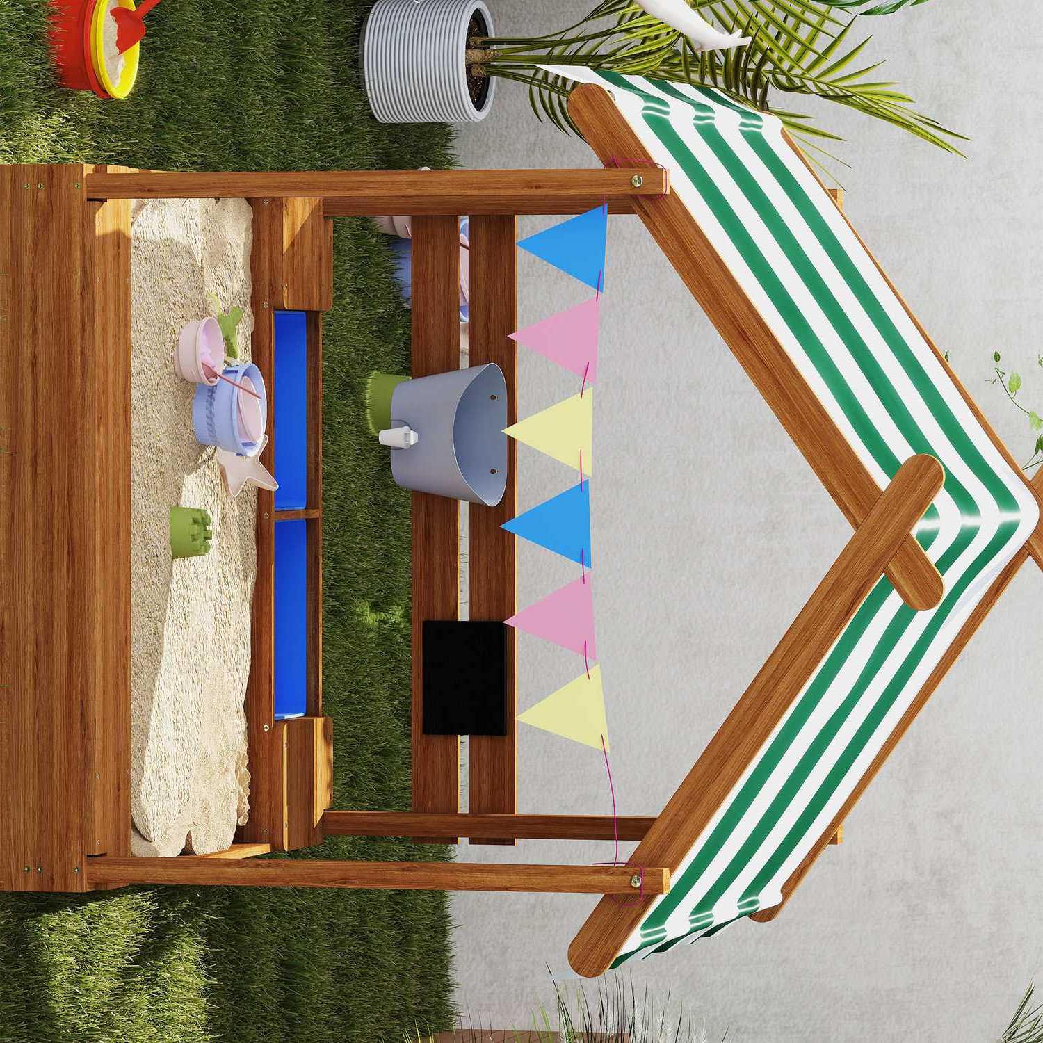 Träsandlåda med sits och tak, 124x116x146 cm för barn